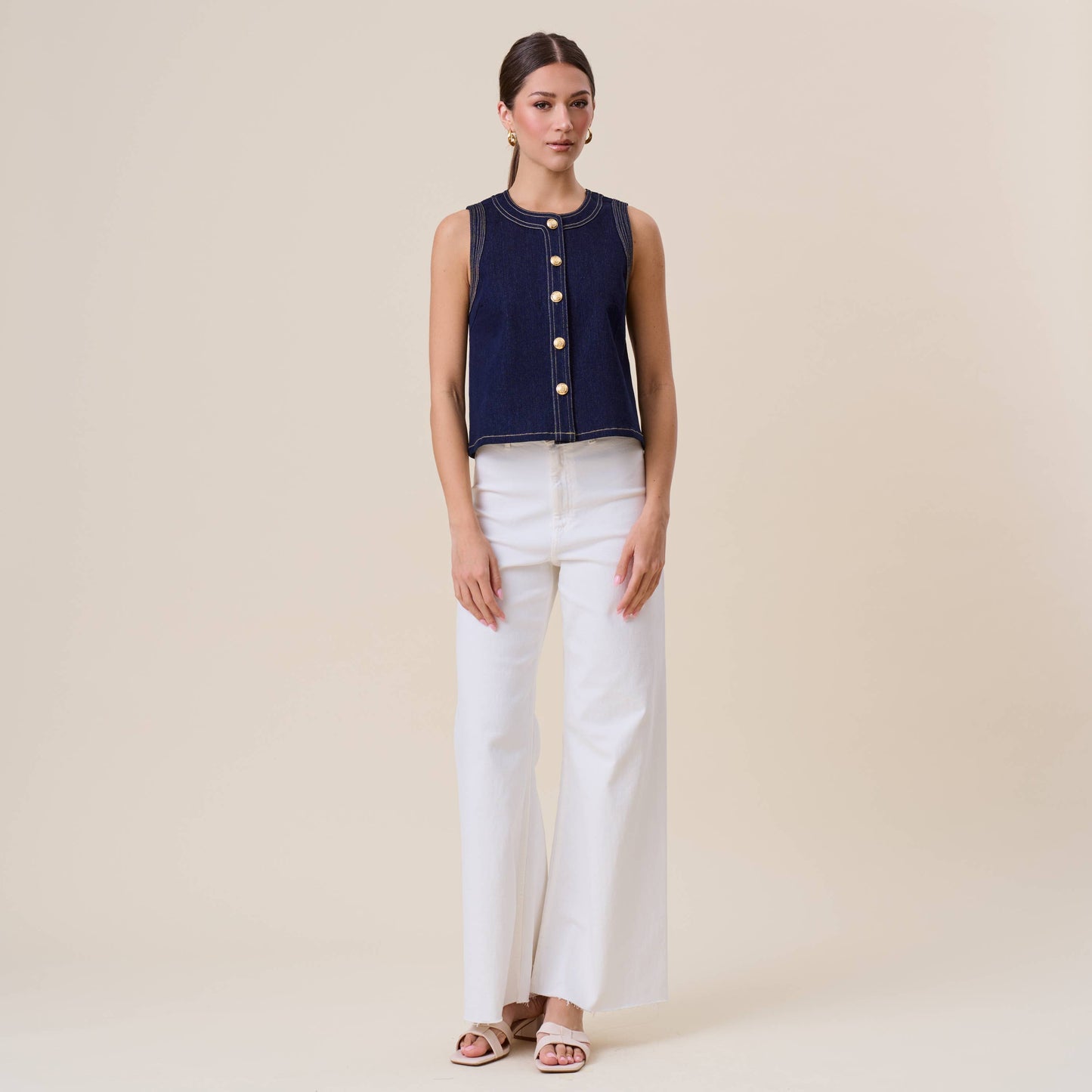 AT3044 Button stretch denim top