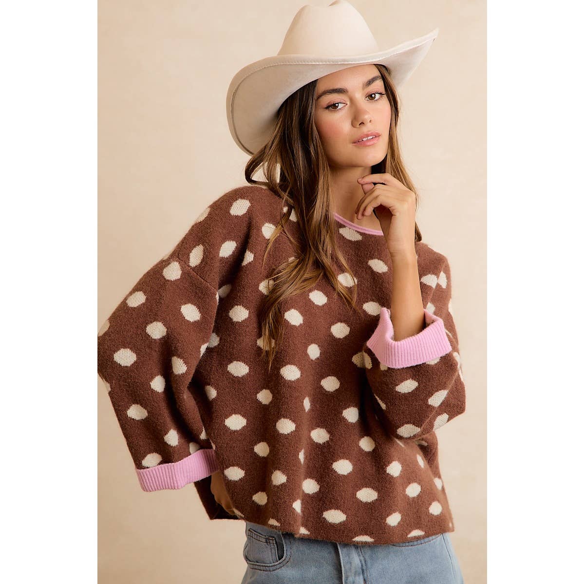 CONTRAST NECK AND ROLL UP DETAIL POLKA DOT SWEATER