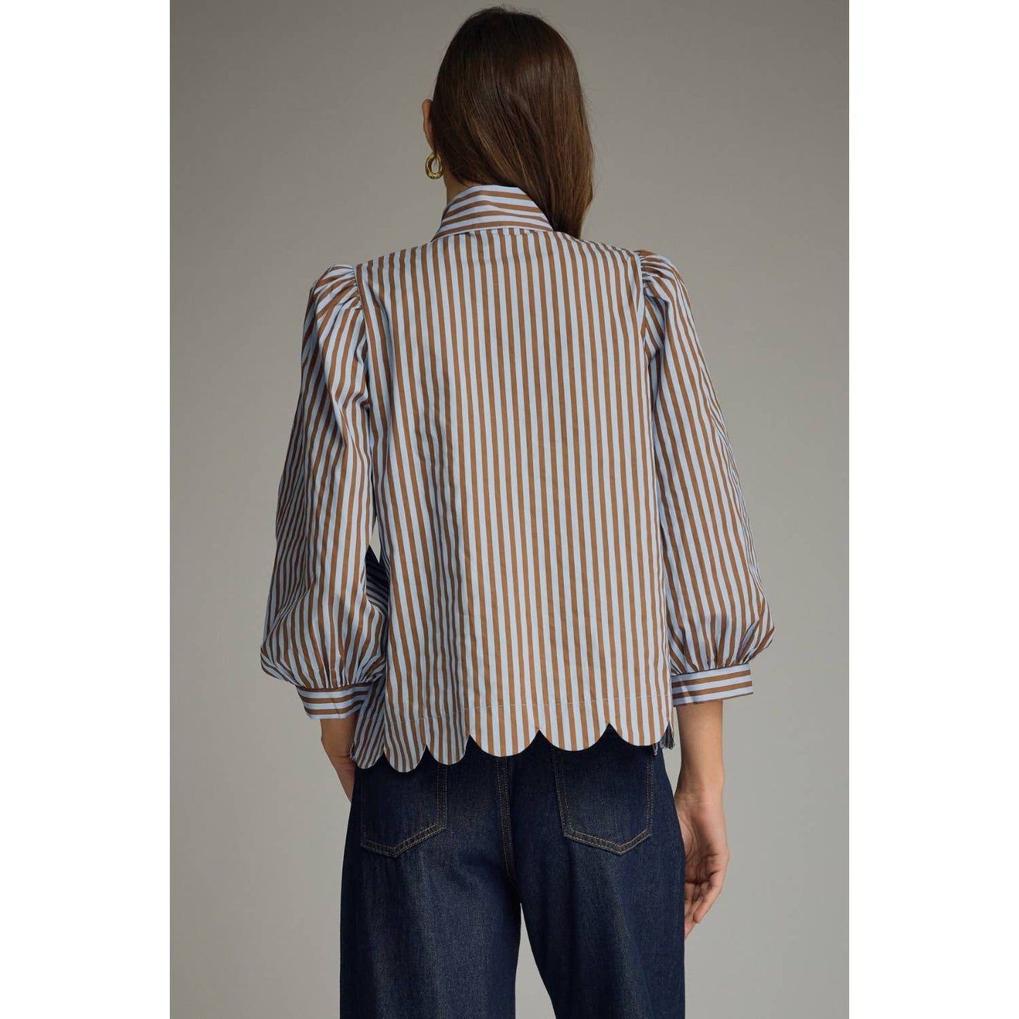 NEW Stripe self-tie neck 3/4 puff sleeve top