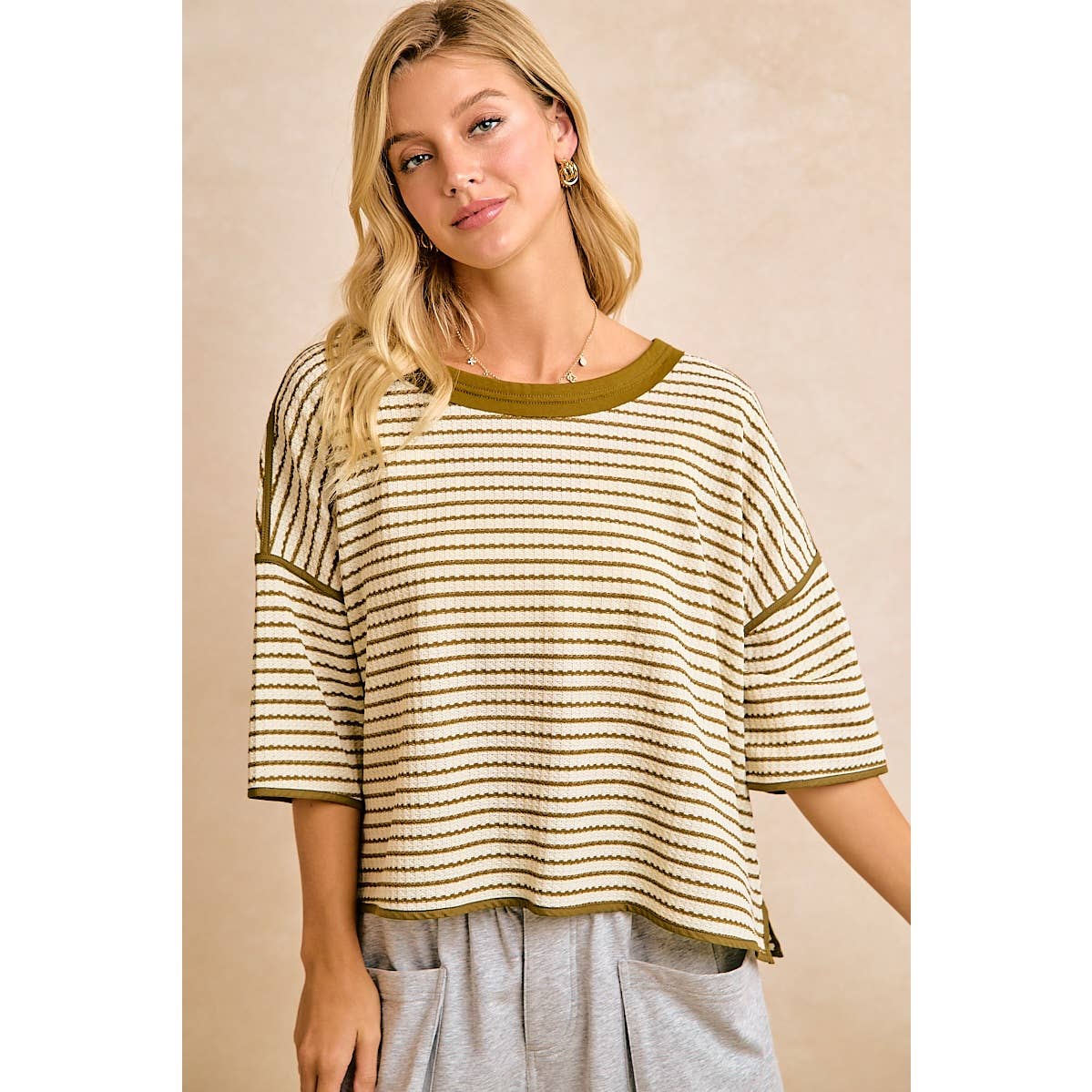 WAFFLE STRIPE WITH BINDING DETAIL RELAXED FIT TOP
