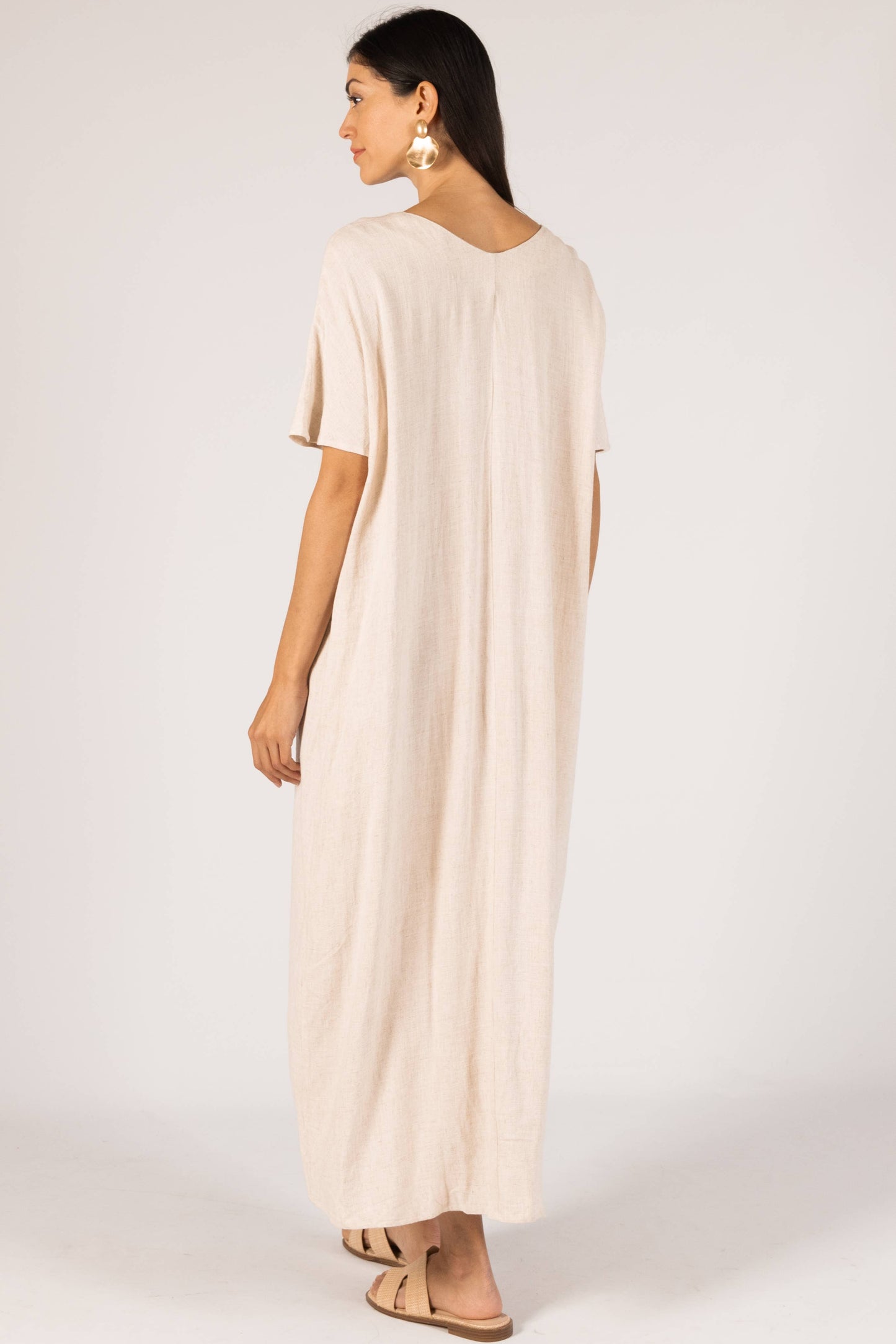 P. CILL Linen Cotton Blend V-Neck Midi Dress