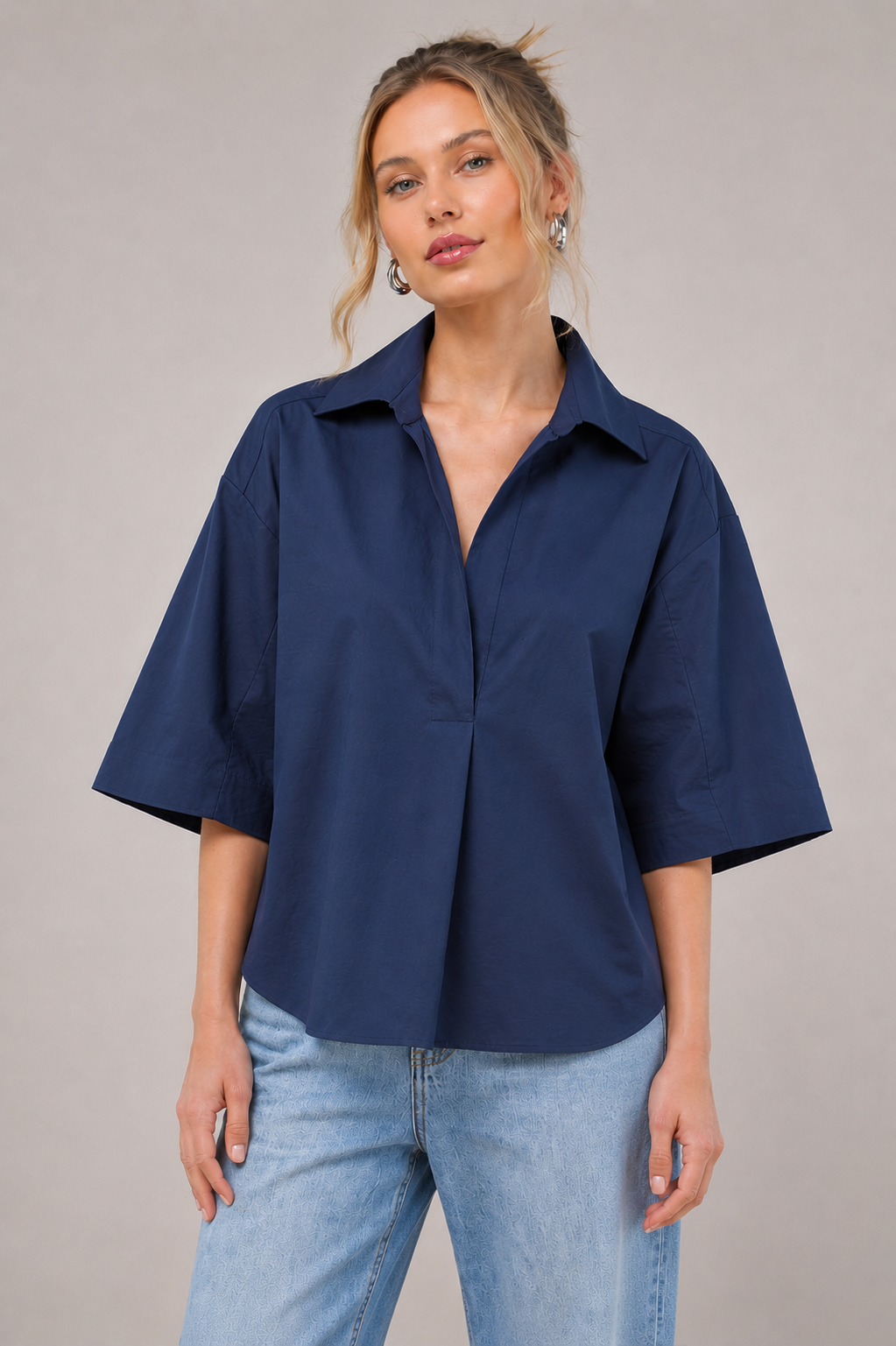 Kaia Modern Oversized Button Down Top Navy & Orange (#WT61176)