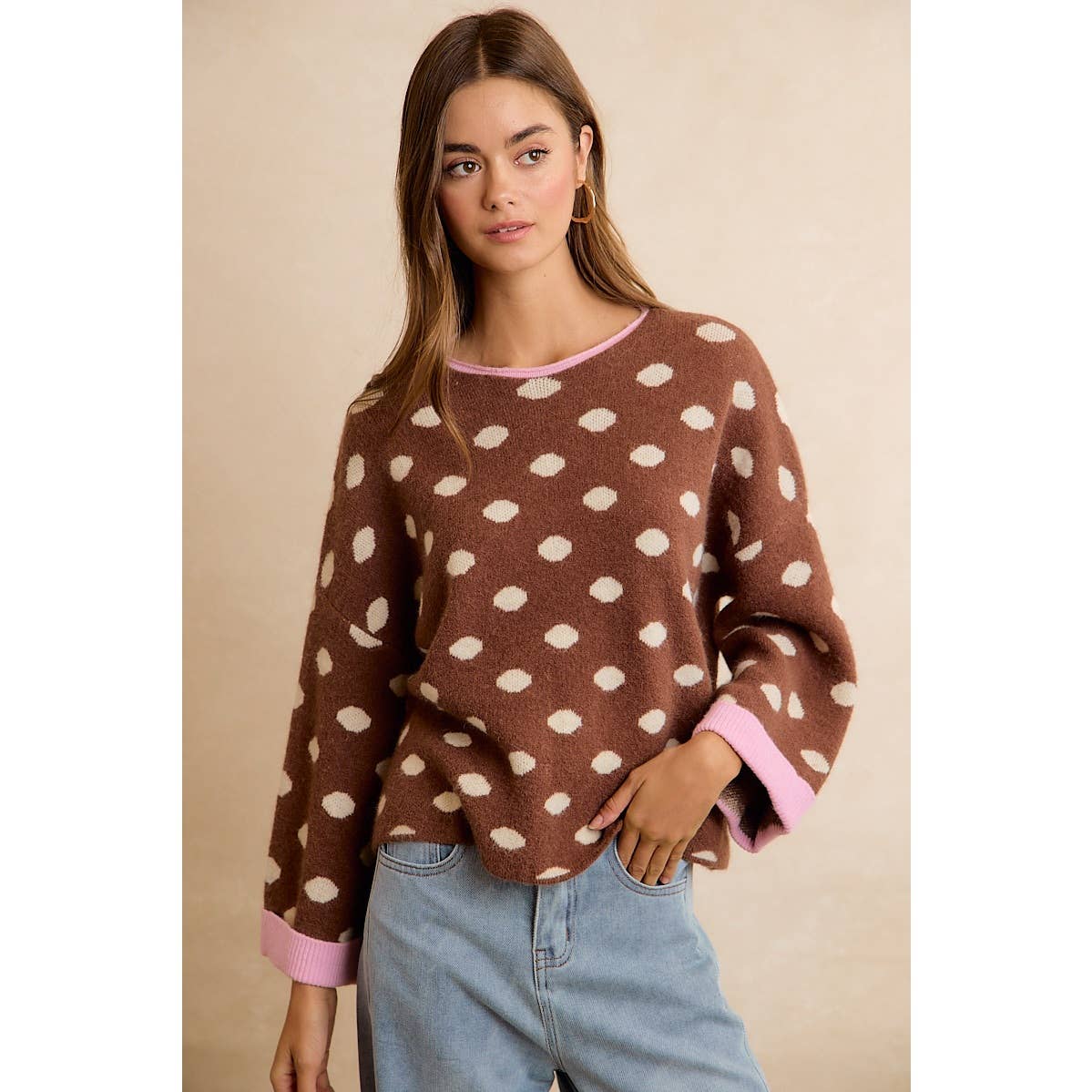 CONTRAST NECK AND ROLL UP DETAIL POLKA DOT SWEATER