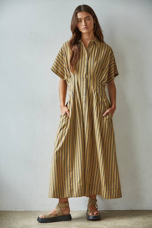 L9067 | Woven Cotton Striped Collar Button-Down Flare Dress