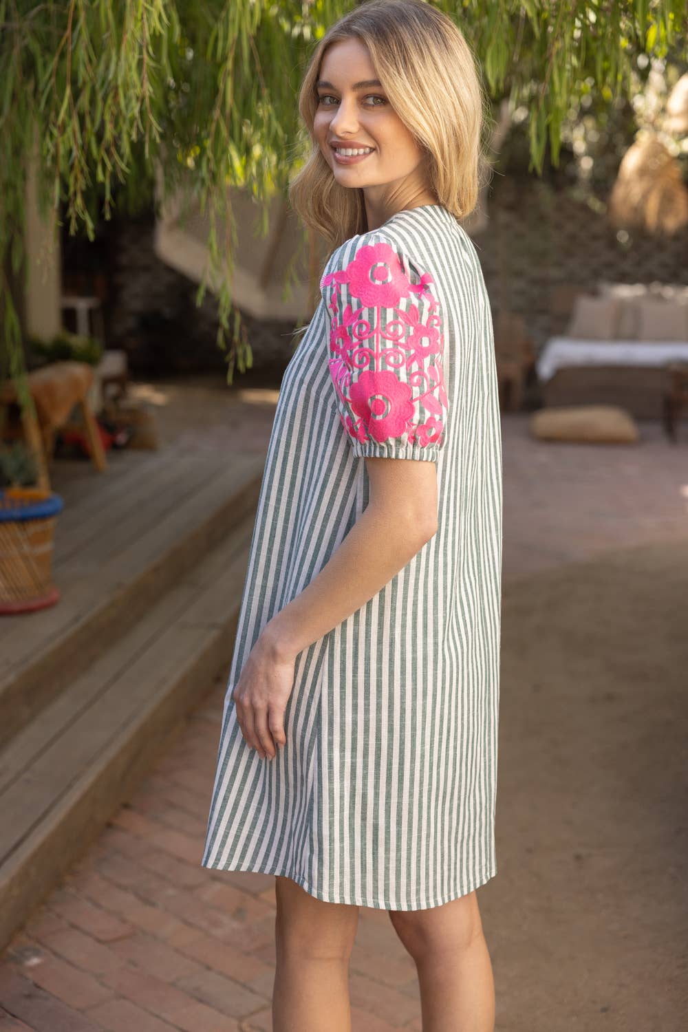 Striped Short Sleeve with Floral Embroidery Dress