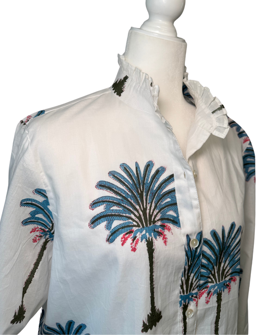 Women's Palm Tree Print Ruffled Collared Blouse