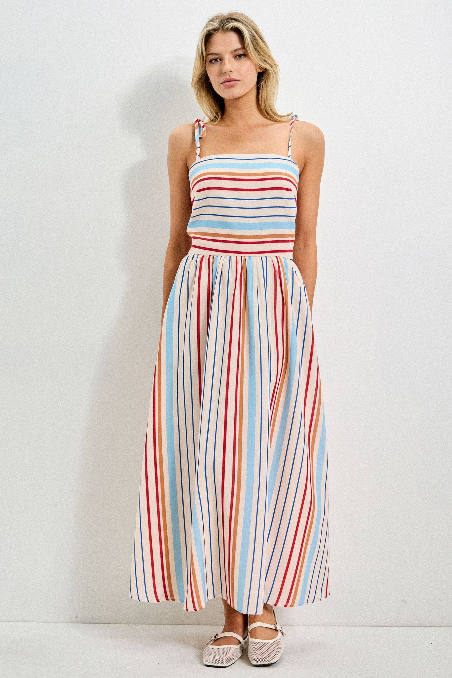 STRIPED SPAGHETTI STRAP MIDI DRESS