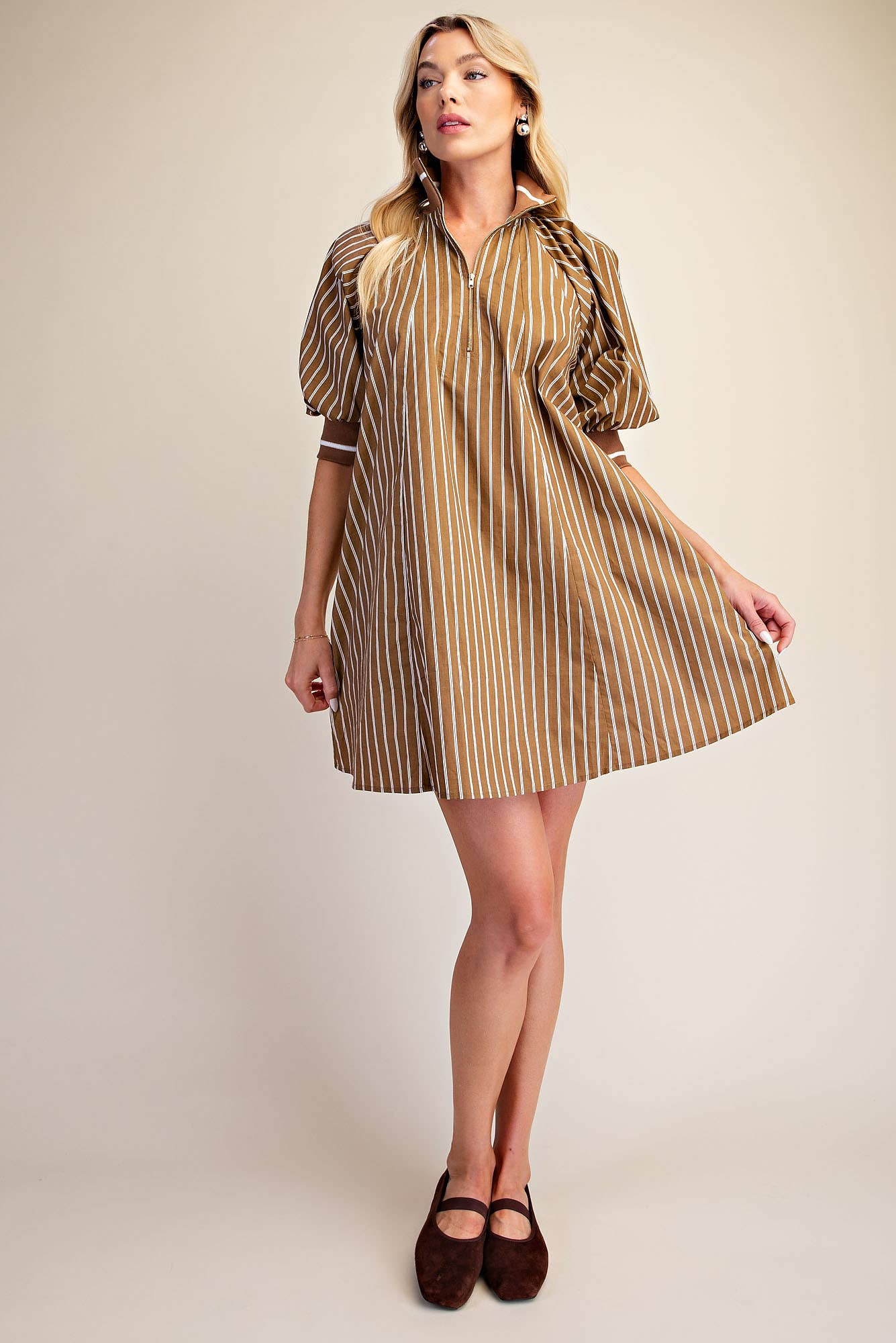 Mock Neck Band Half Zip Stripe Mini Dress