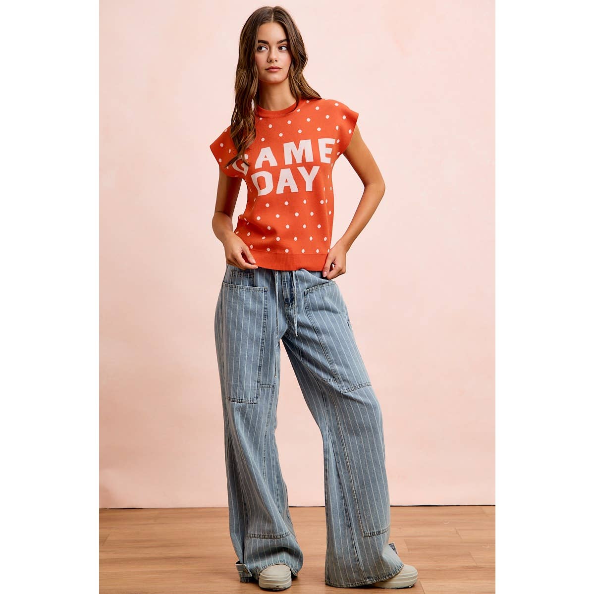 GAMEDAY LETTER AND POLKA DOTS SLEEVELESS KNIT TOP