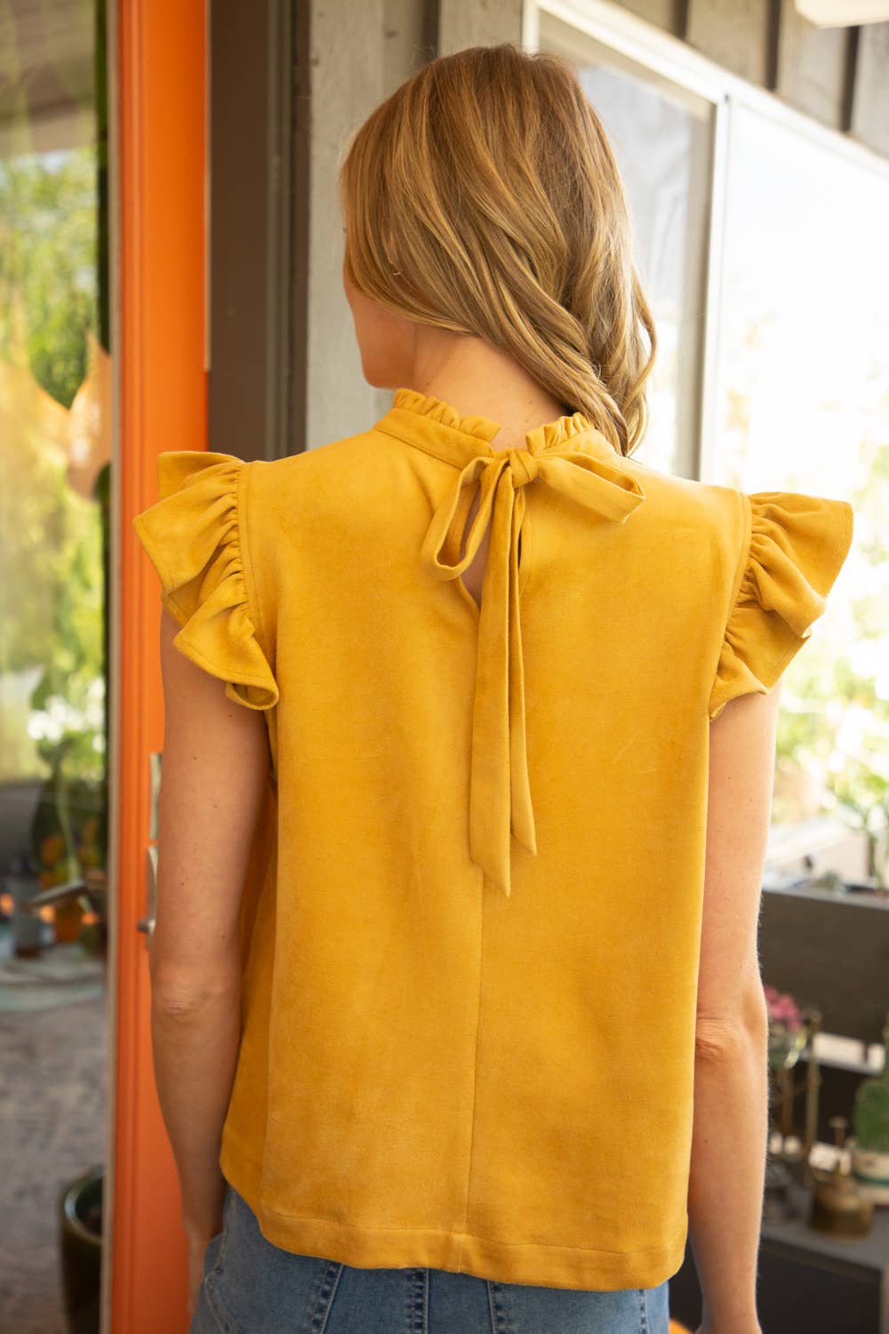 32112  Suede Ruffle Sleeve Top