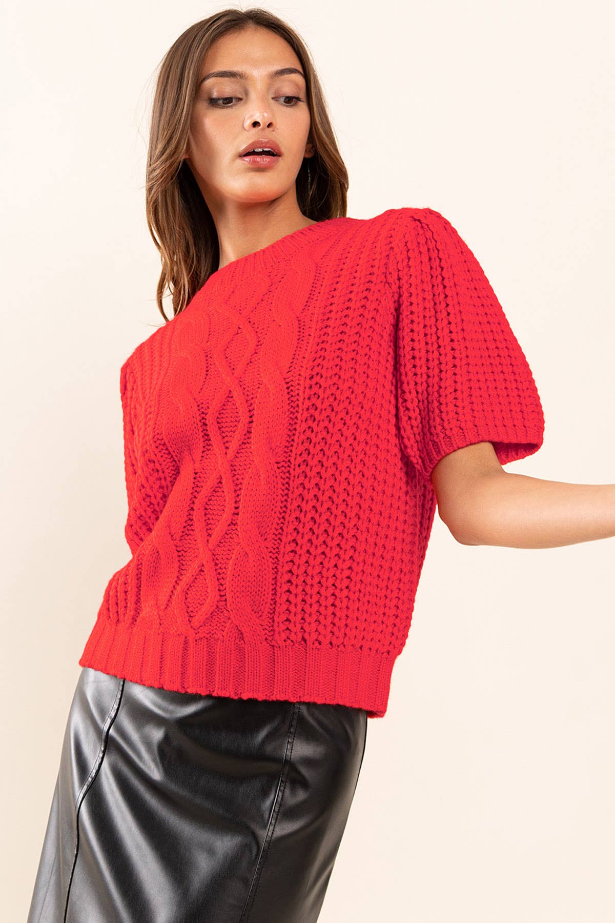 Puff Short Sleeve Cable Sweater Top / TIC13016