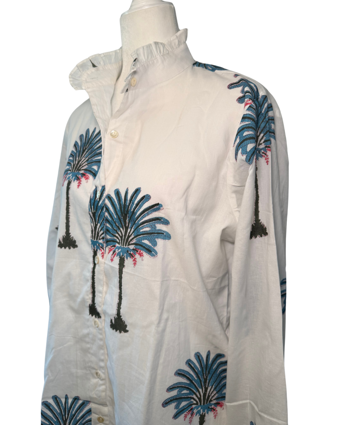 Women's Palm Tree Print Ruffled Collared Blouse