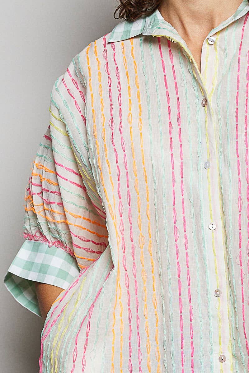 Stripe Boxy Fit Contrast Cuff Woven Shirt Top