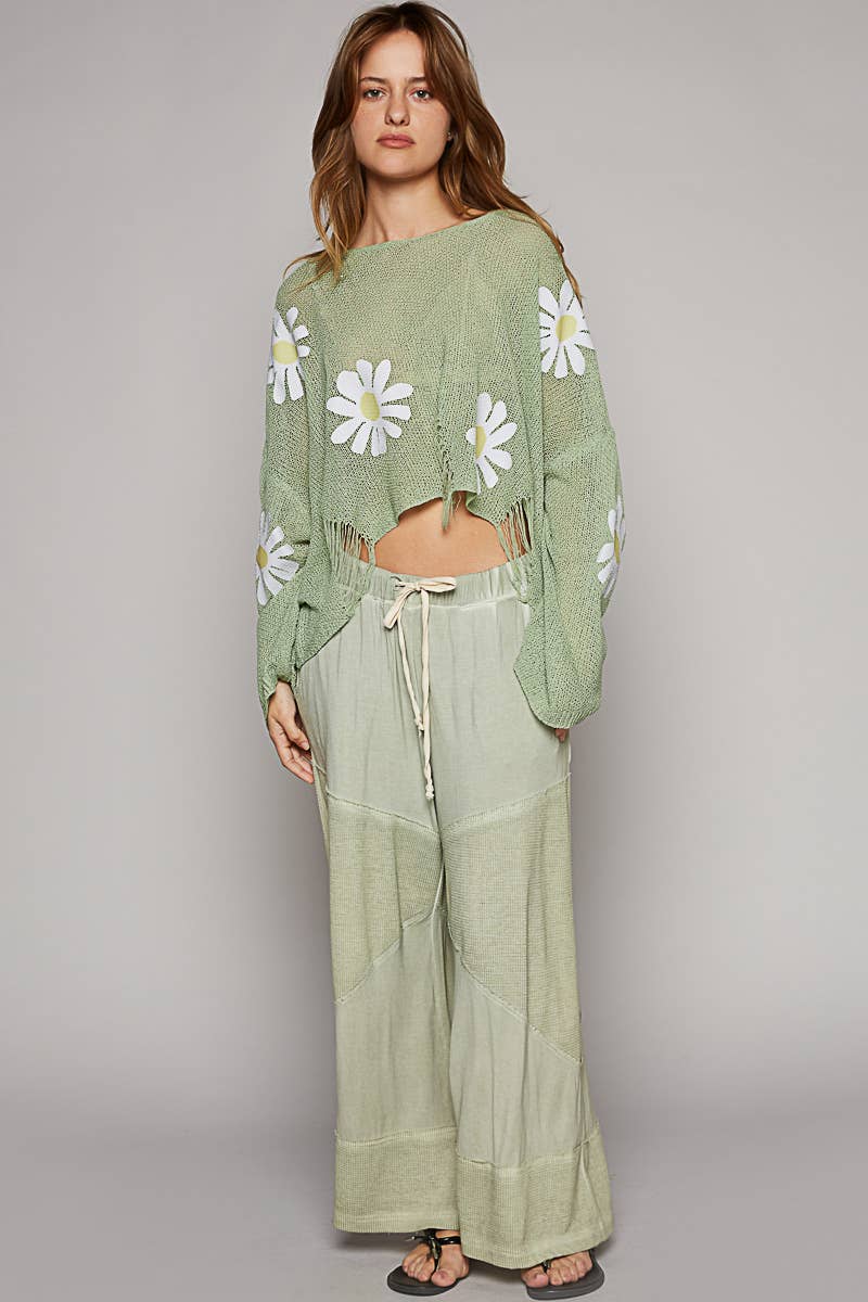 Contrast ribbed elastic waist casual knit culottes pants