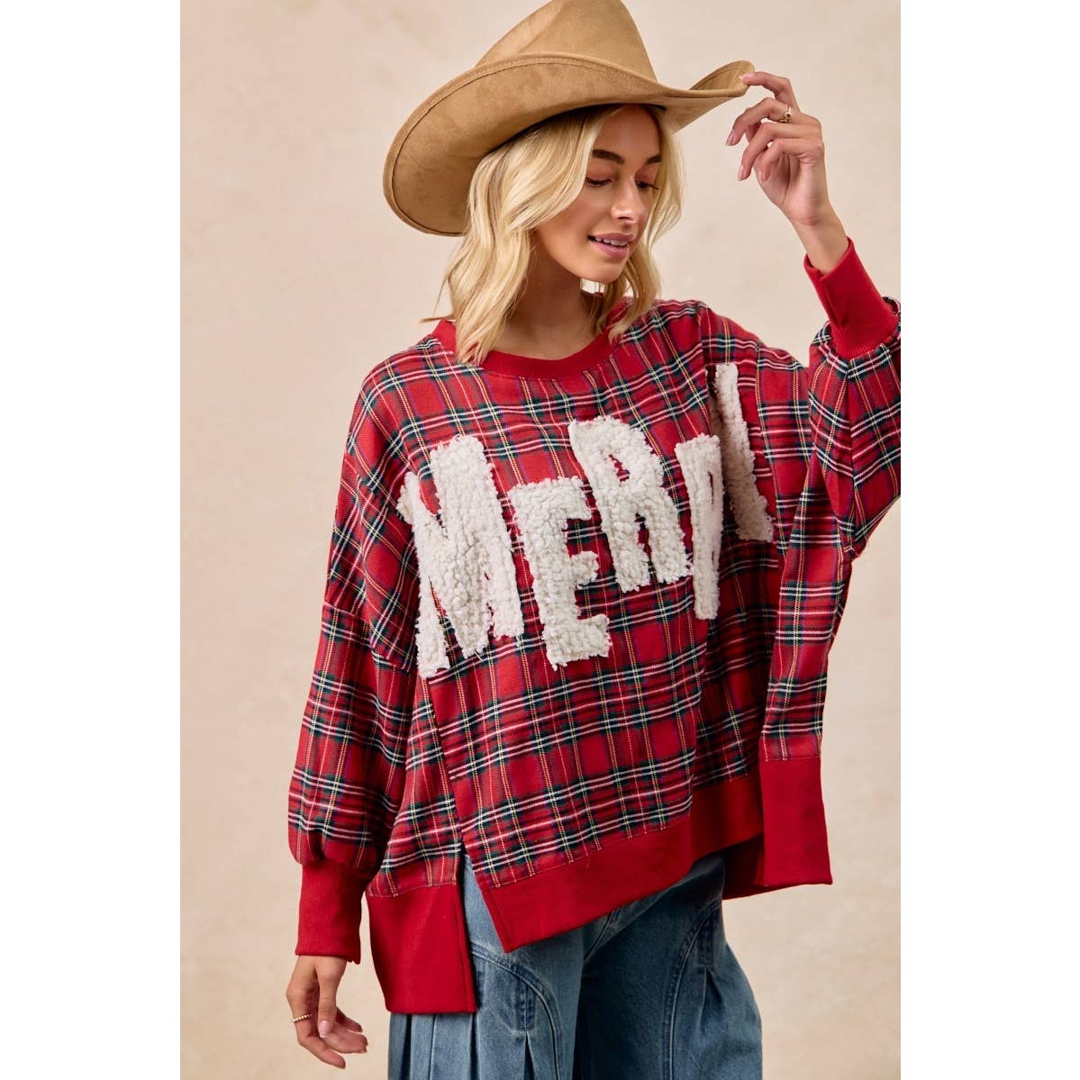 MERRY LETTER PATCHES CHRISTMAS PLAID SWEATSHIRT