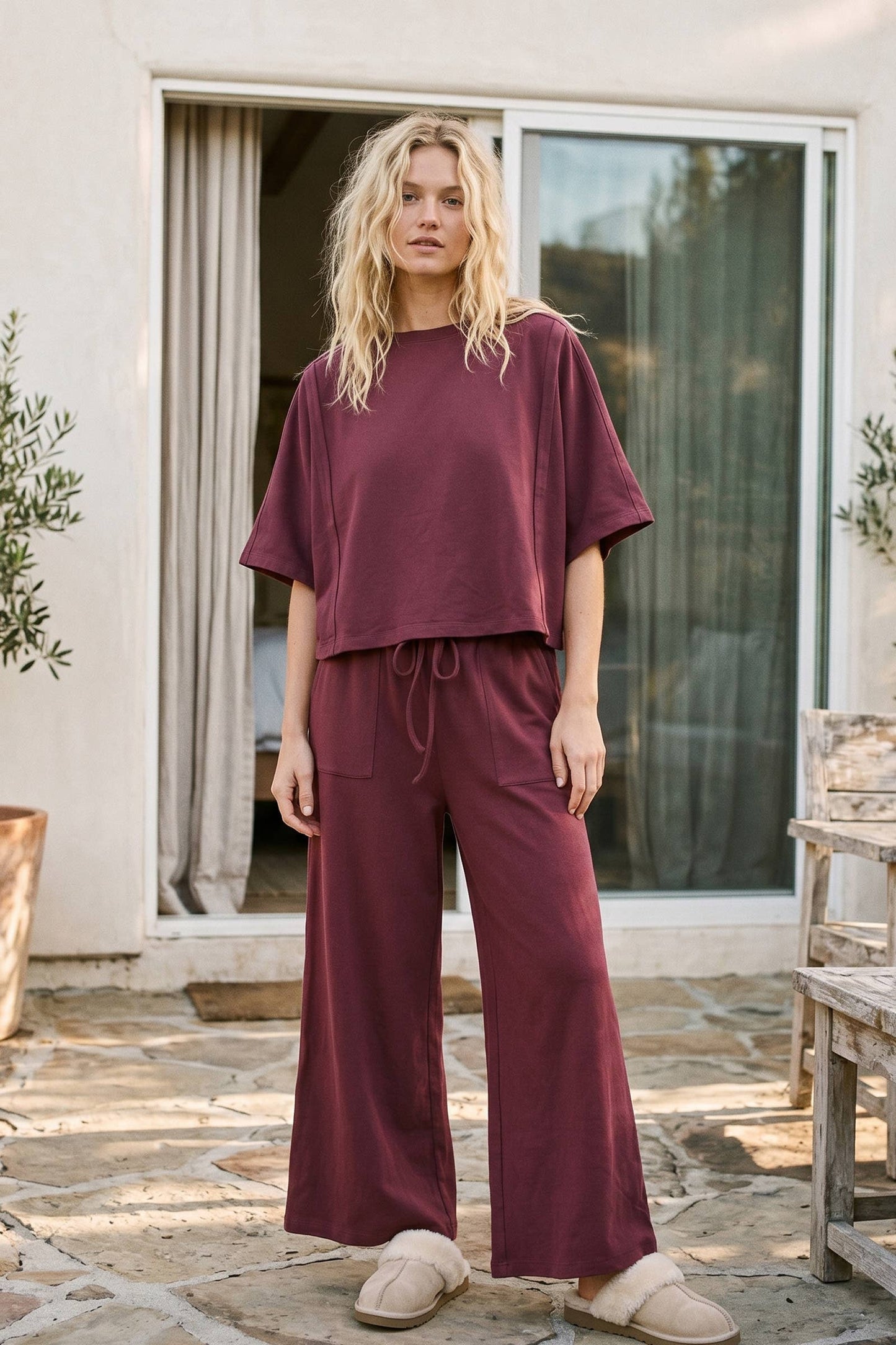 Brushed Stretch Boxy Top & Wide Leg Pant Set