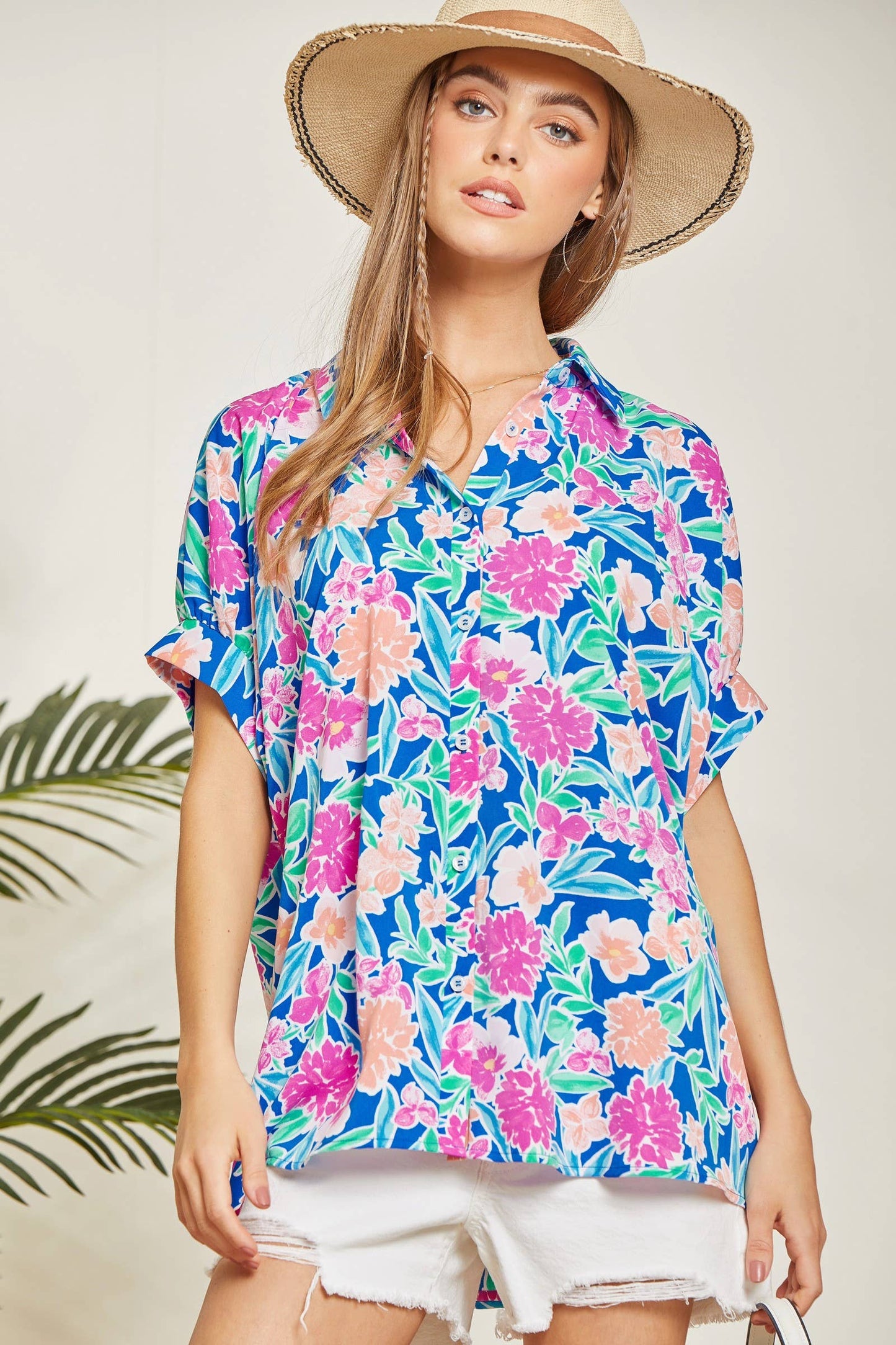 Satin Like Print Button Up Top