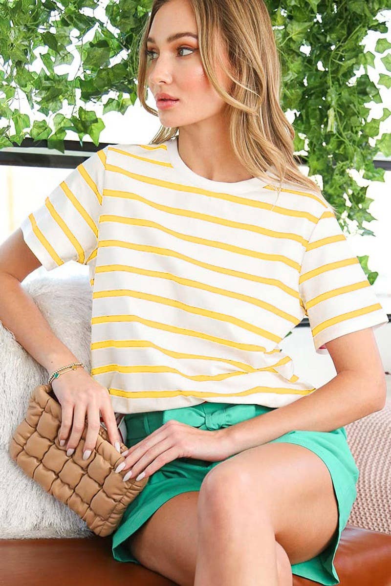 Striped Cotton Crew Neck Short-Sleeve Knit Top VT81439