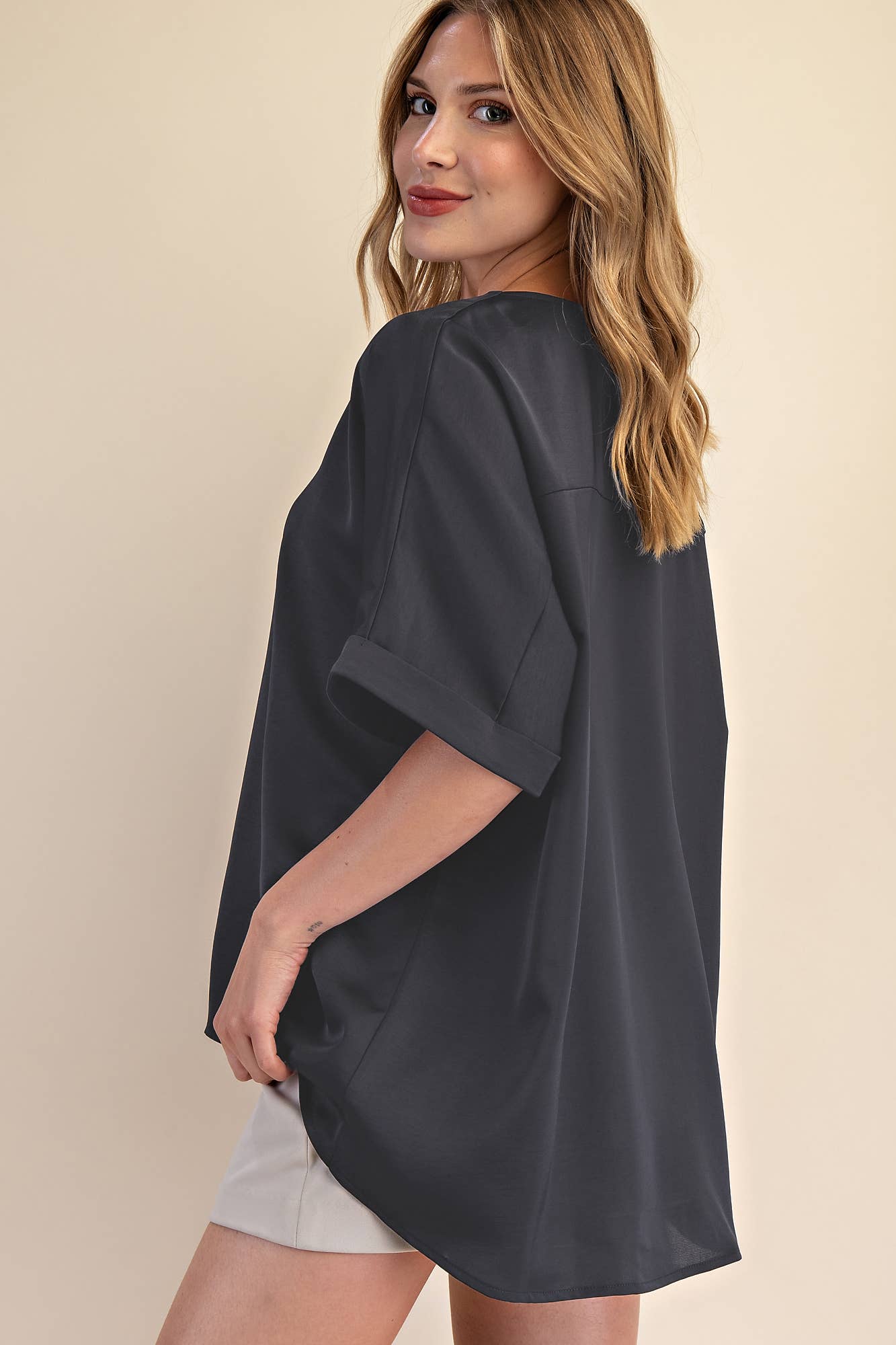Pull Over Satin Blouse V-neck High Low