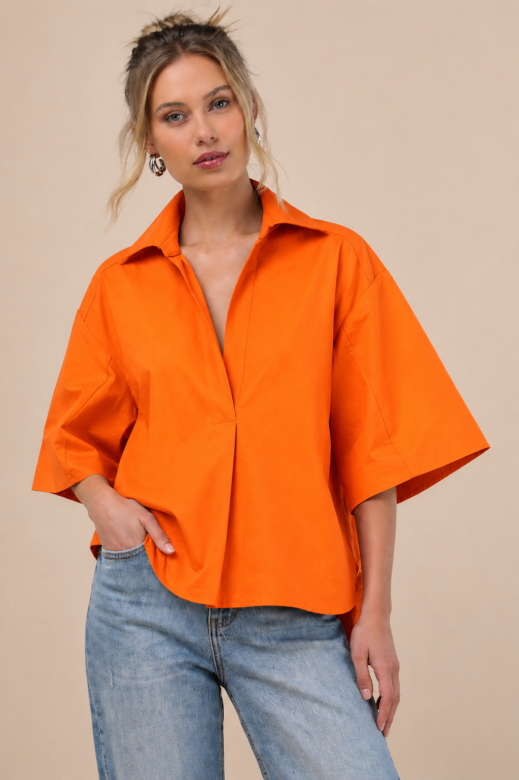 Kaia Modern Oversized Button Down Top Navy & Orange (#WT61176)