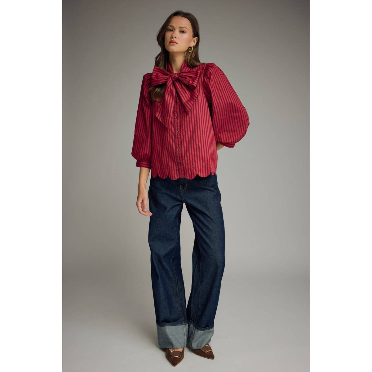 NEW Stripe self-tie neck 3/4 puff sleeve top