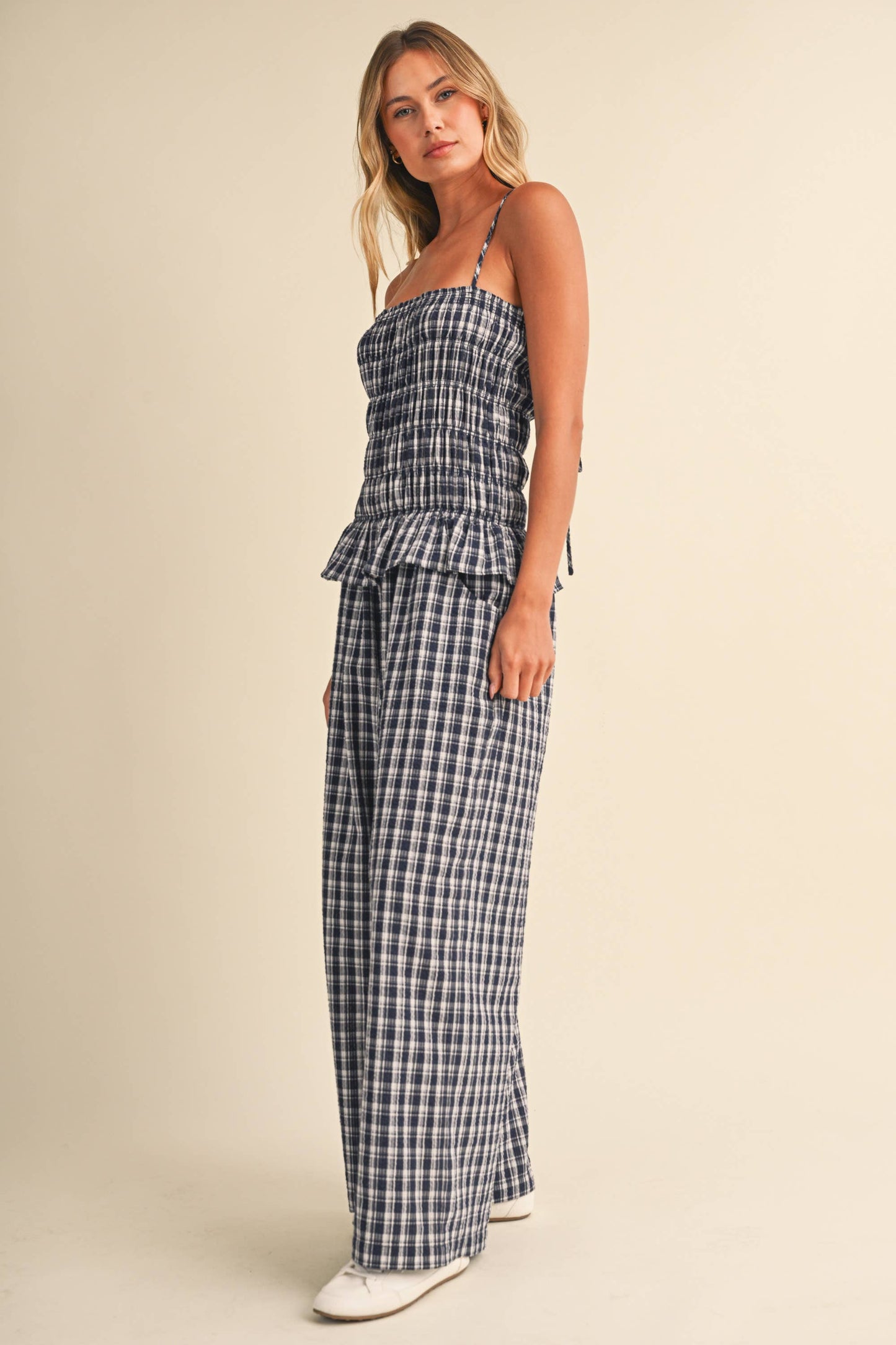 IJP3426-A  RUFFLED HEM SMOCKED TOP PLAID WIDE LEG JUMPSUIT