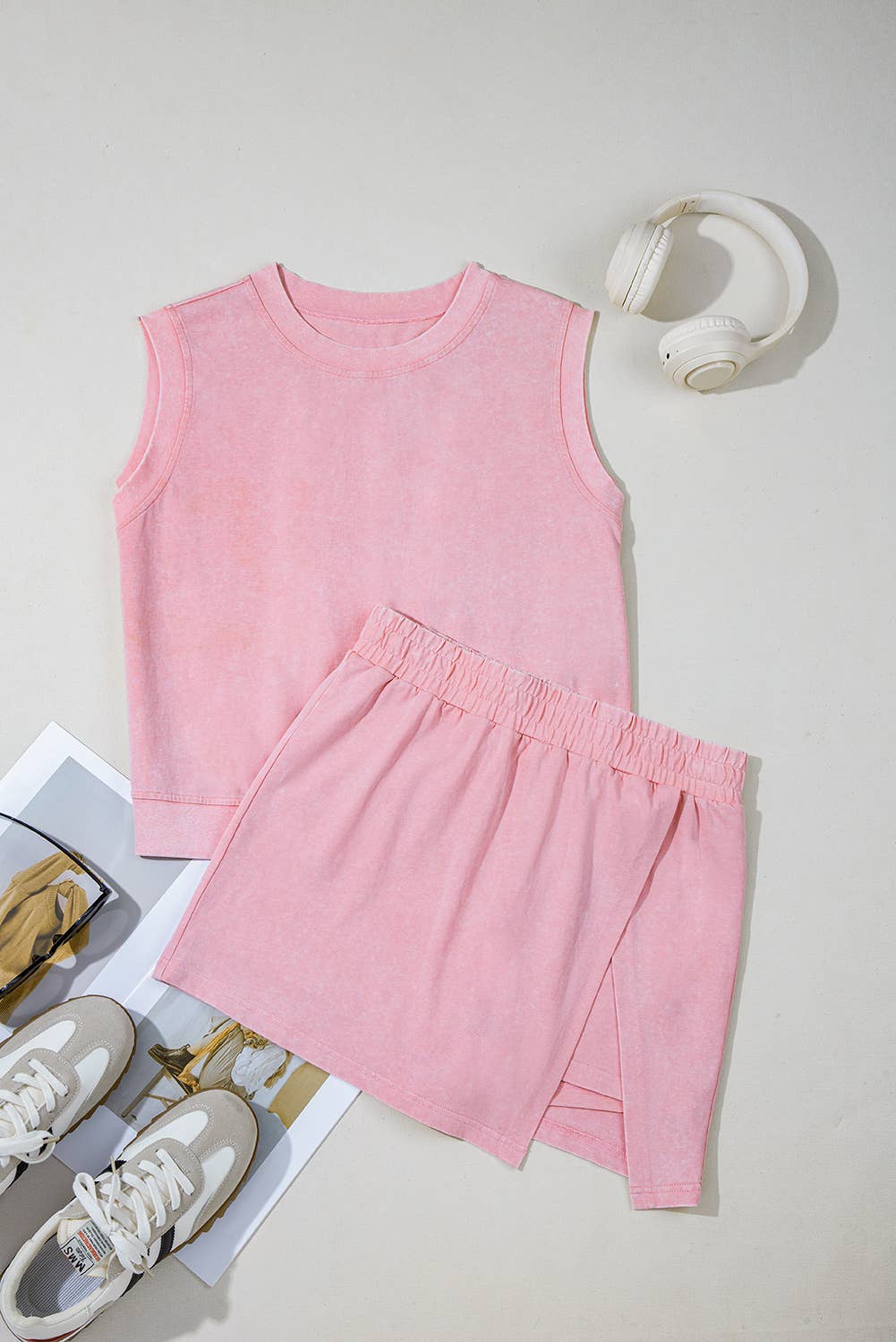 LAS Mineral-Wash Tank Top and Lined Split Skirt Set (S-XL)