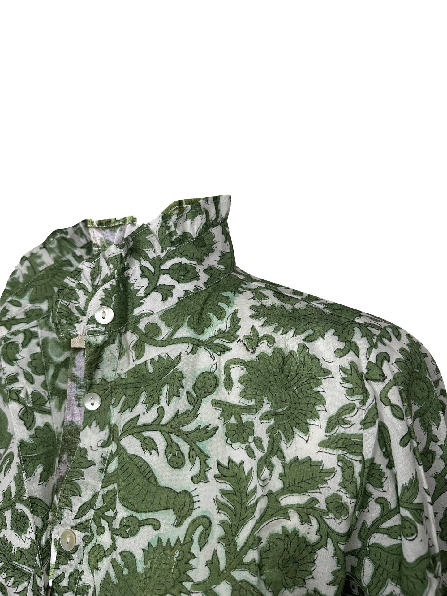 Peacock Block Print Ruffled Collared Womens Blouse