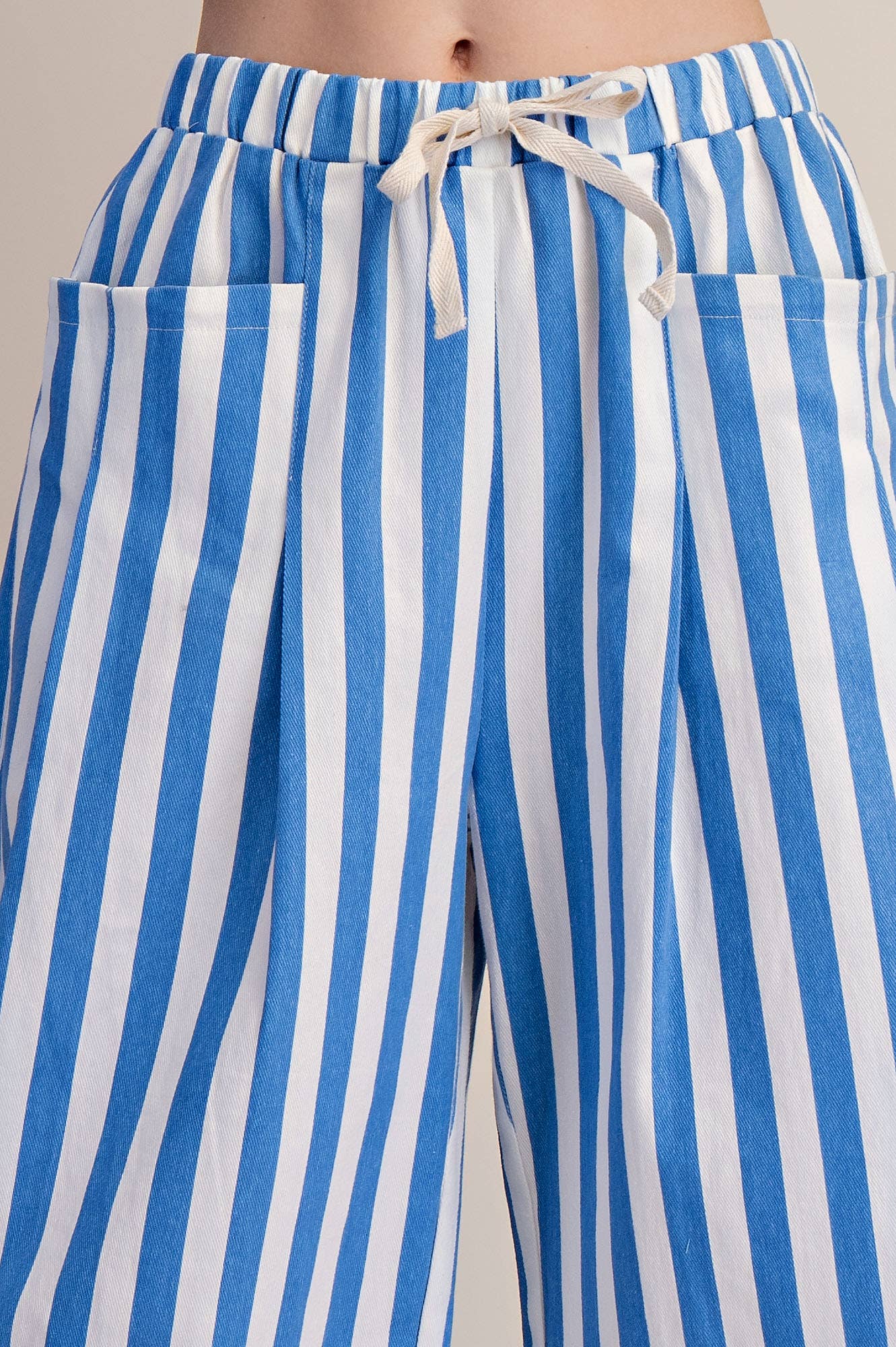 Stripe Wide Pants With Elastic Band Drawstring and Pockets