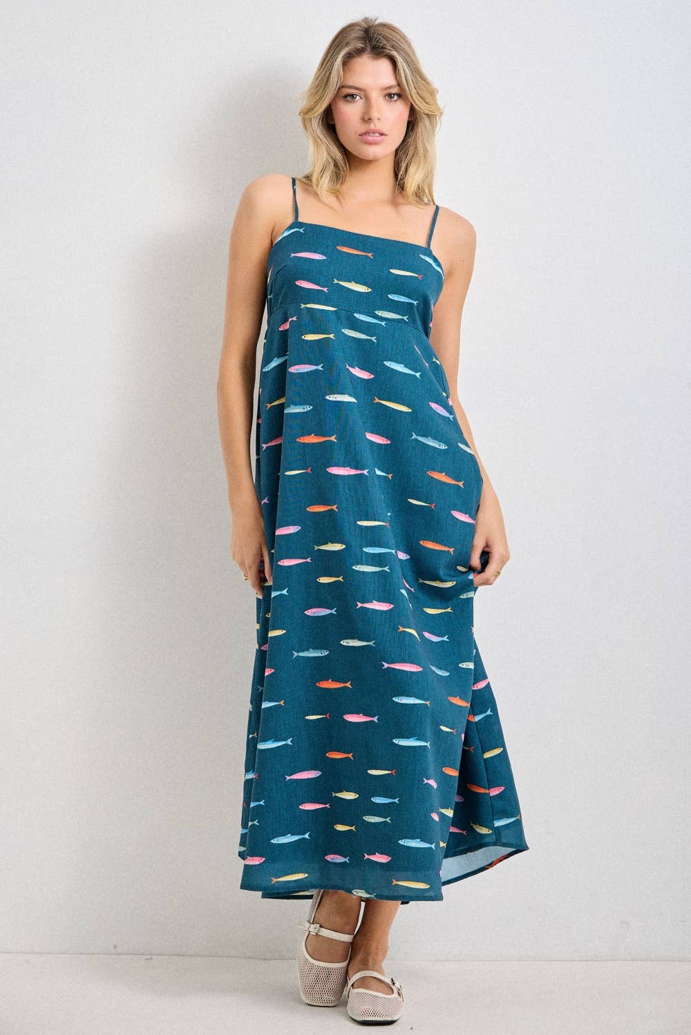 FISH PRINT SLEEVELESS MIDI DRESS