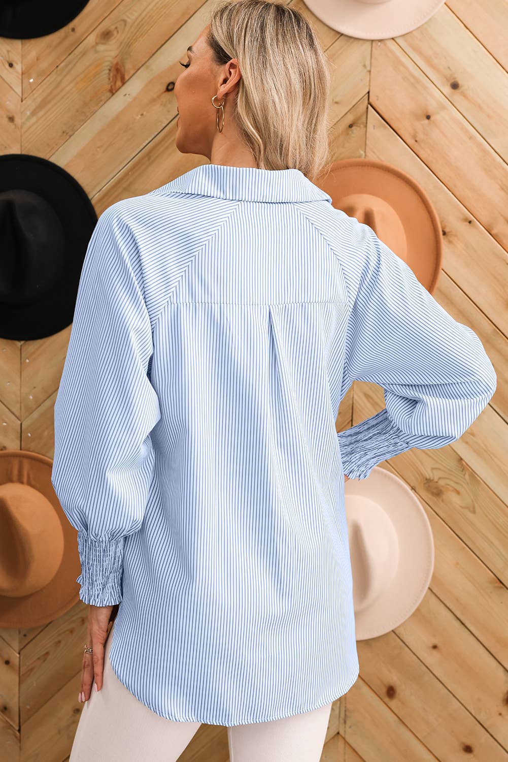 Smocked Cuff Striped Boyfriend Shirt with Pocket | S-XL