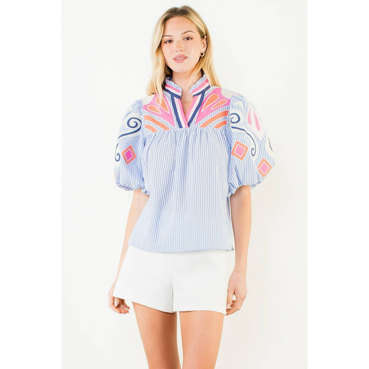 Puff Sleeve Embroidery Detail Textured Top