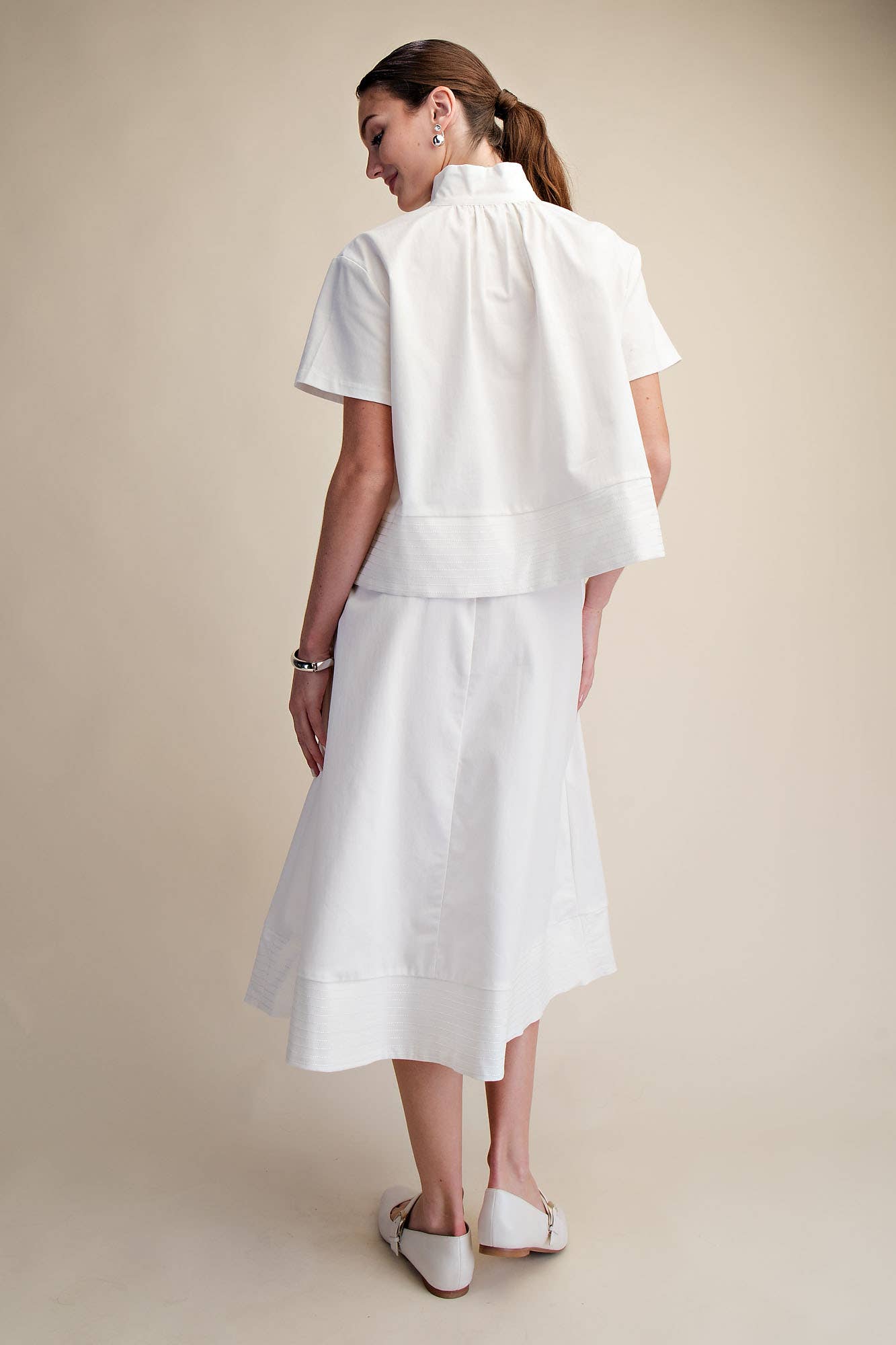 Stand Collar Short Sleeve Stitch Detail Shirt