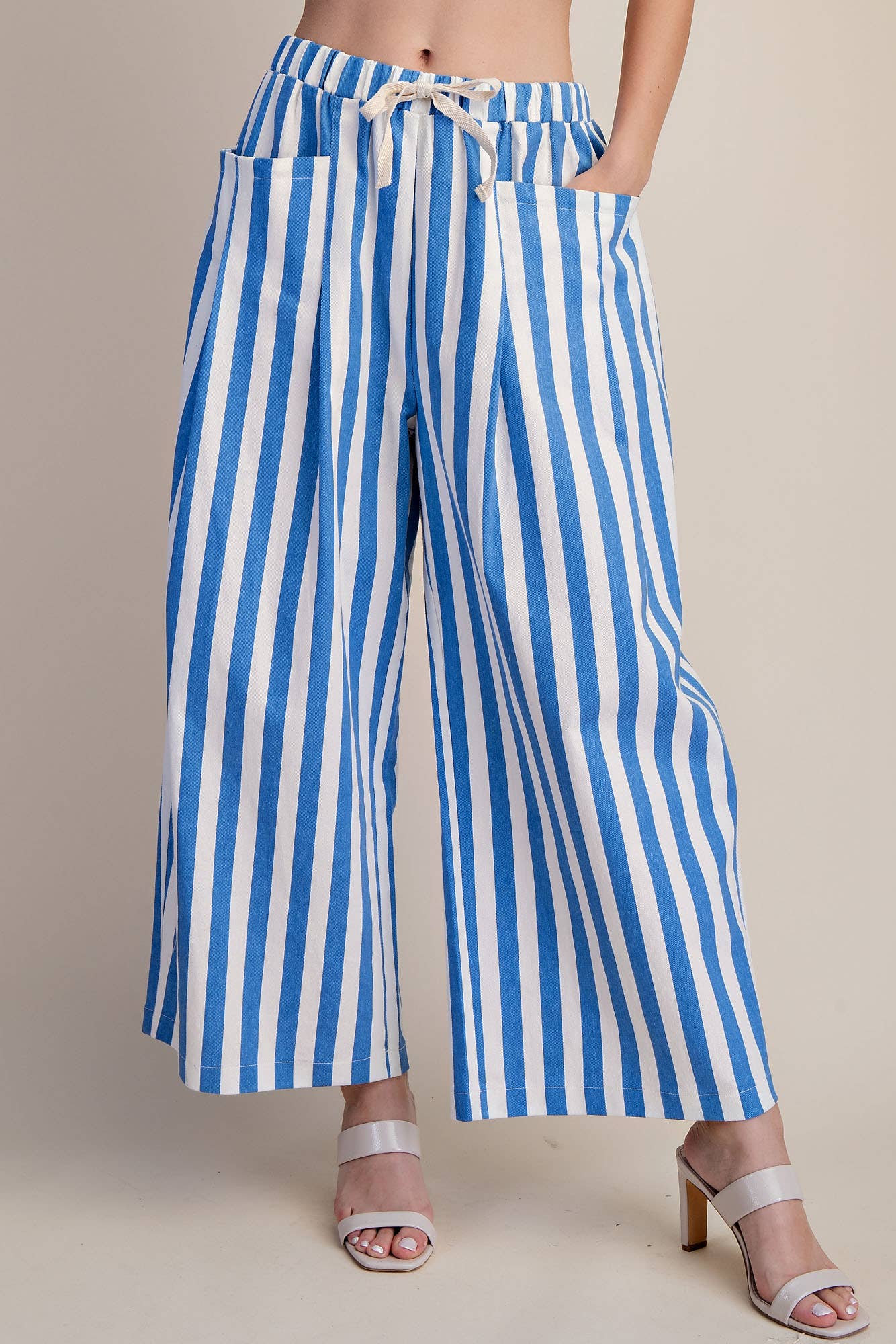 Stripe Wide Pants With Elastic Band Drawstring and Pockets