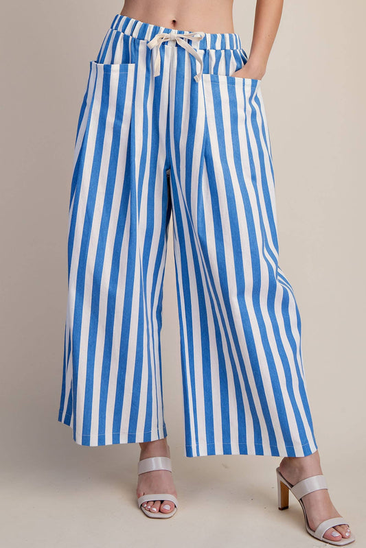 Stripe Wide Pants With Elastic Band Drawstring and Pockets
