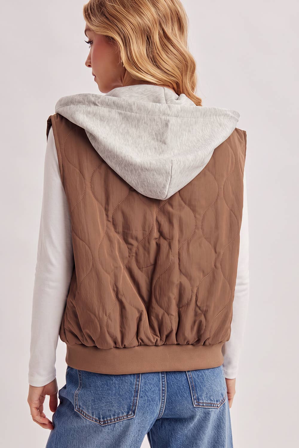 ZIPPER FRONT QUILTED PUFFER VEST CONTRAST HOODIE VEST