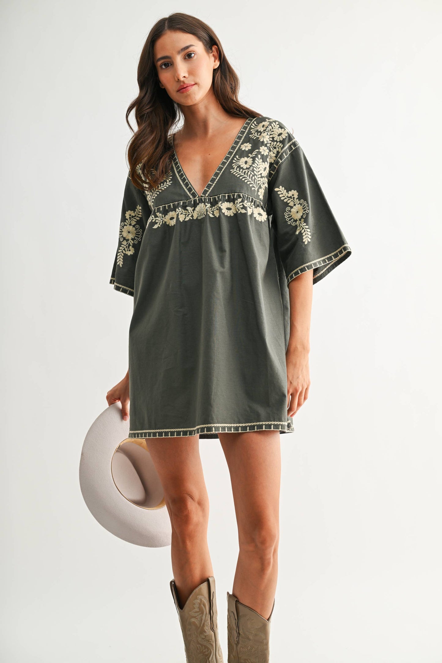 CED26811 Embroidered Shift Dress with Deep V-Neckline