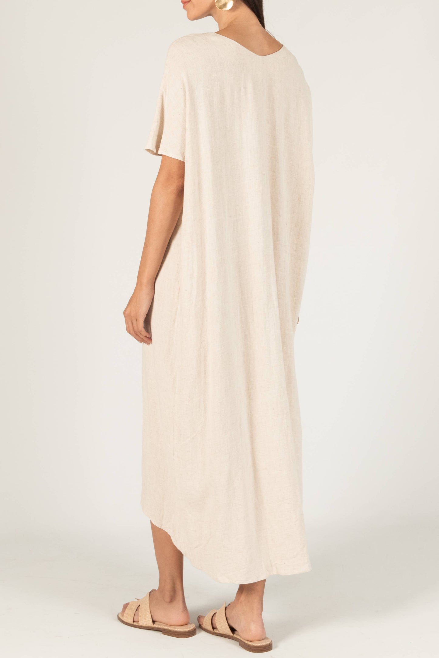 P. CILL Linen Cotton Blend V-Neck Midi Dress