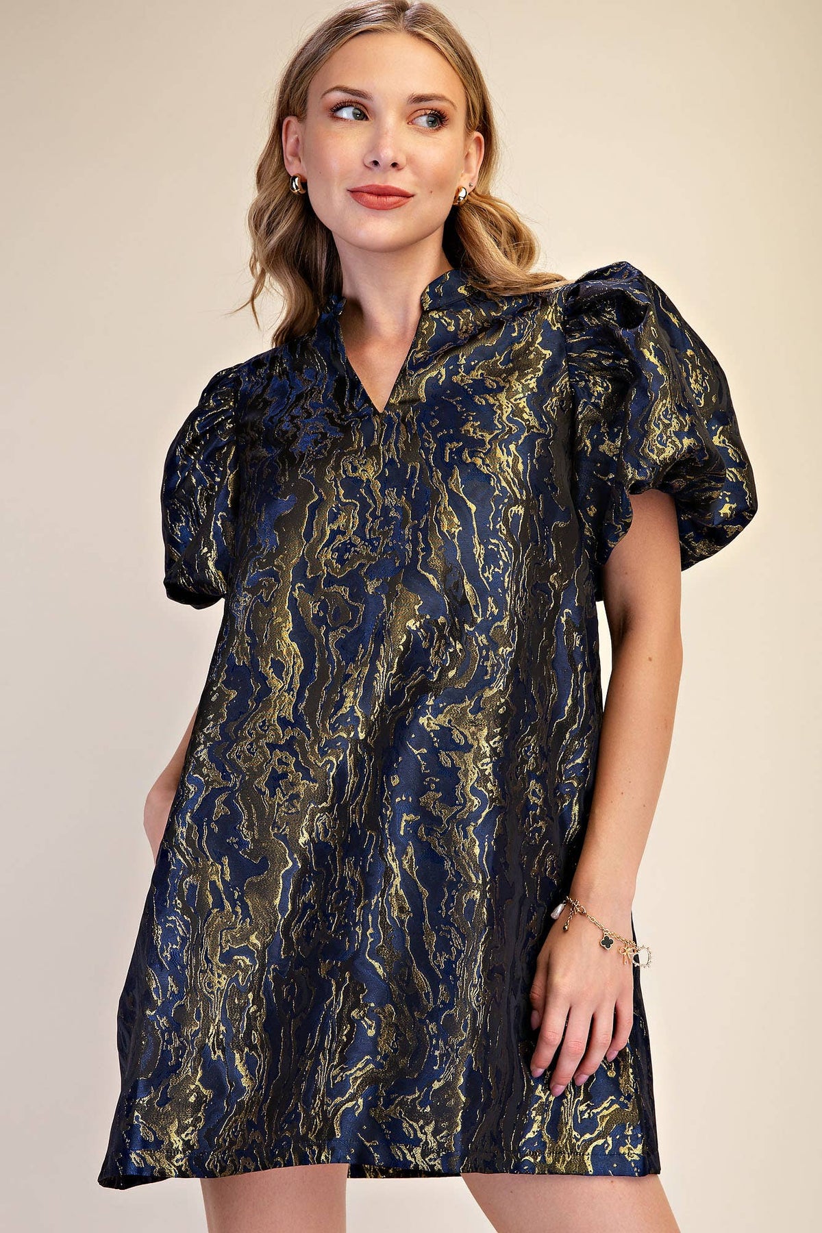 Metallic Jacquard Puff Sleeve Mini Holiday Dress