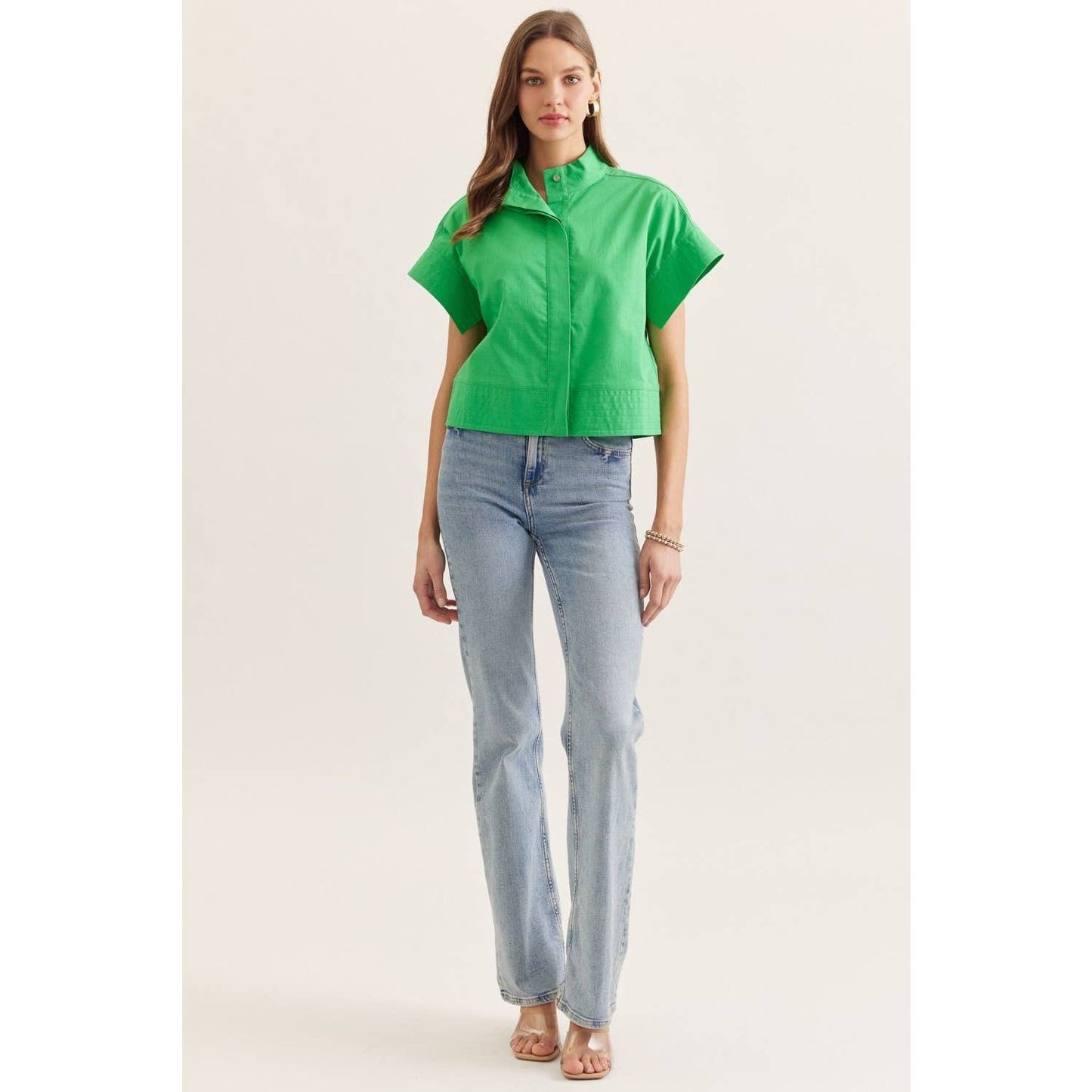 Solid short sleeve stand collar top