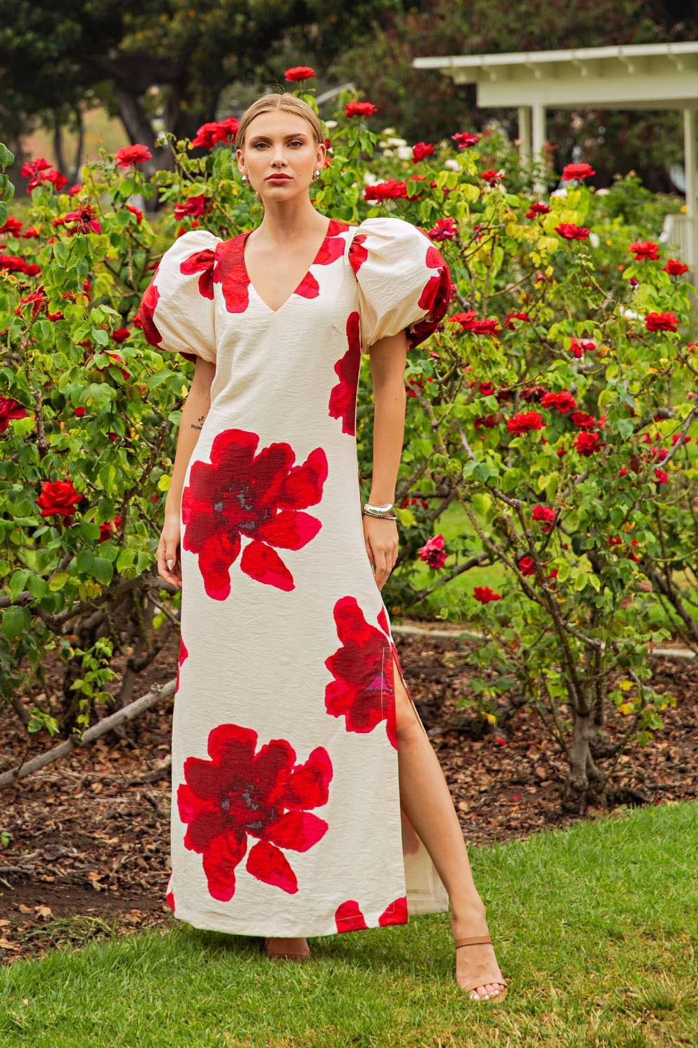 Puff-Sleeve A-Line Maxi Dress