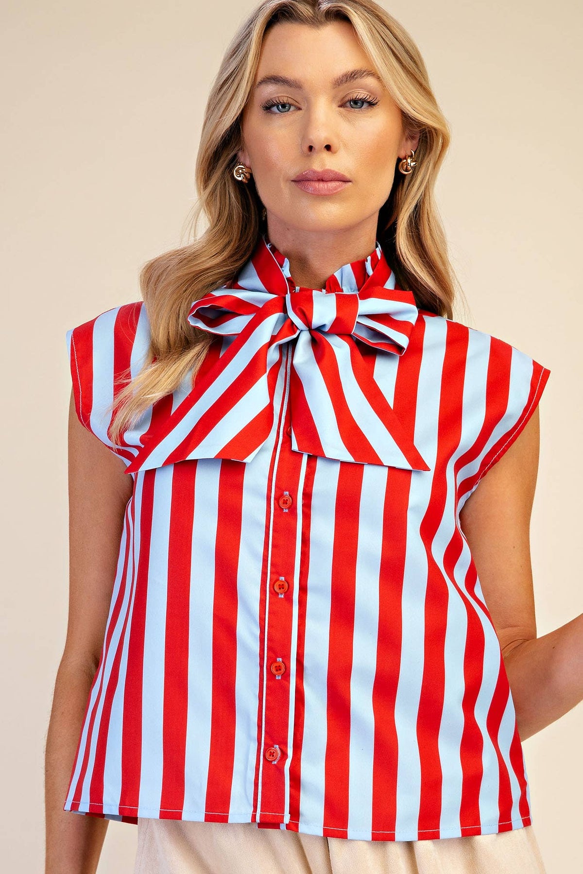 Bow Neck Sleeveless Stripe Shirt