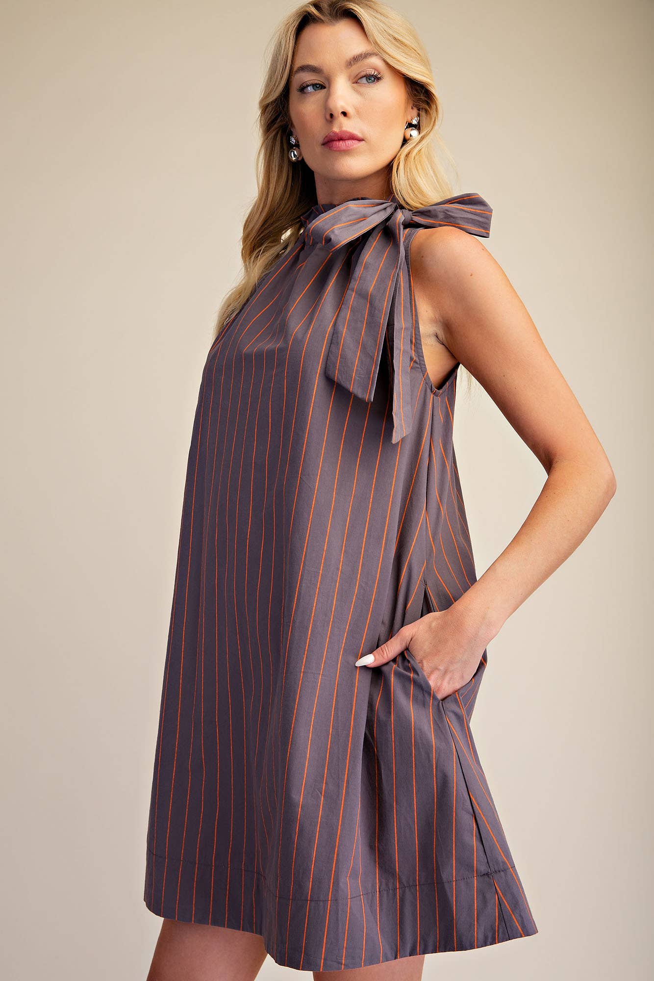 Stripe Mini Dress Ruffle Neck Adjustable Tie Sleeveless