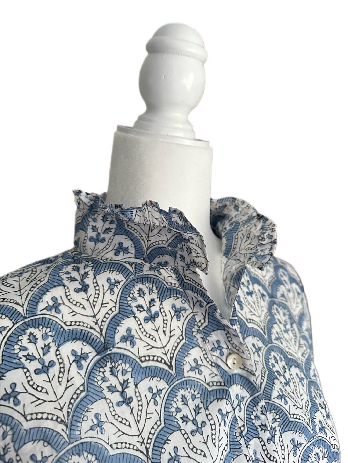 Women's Floral Block Print Ruffle Collar Button Down Blouse