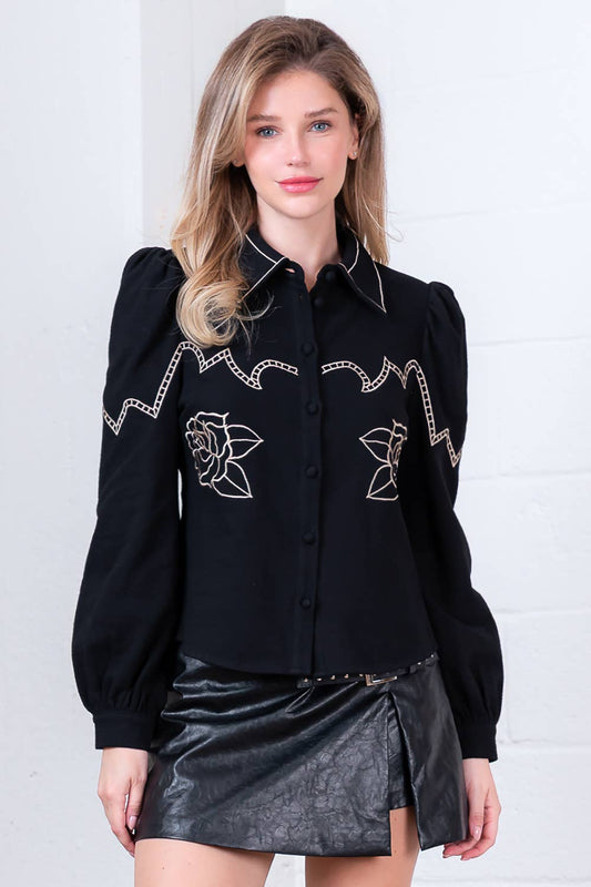 HT28773T-LONG SLV W/ COLLAR BUTTON DOWN ROSE-EMBO BLOUSE