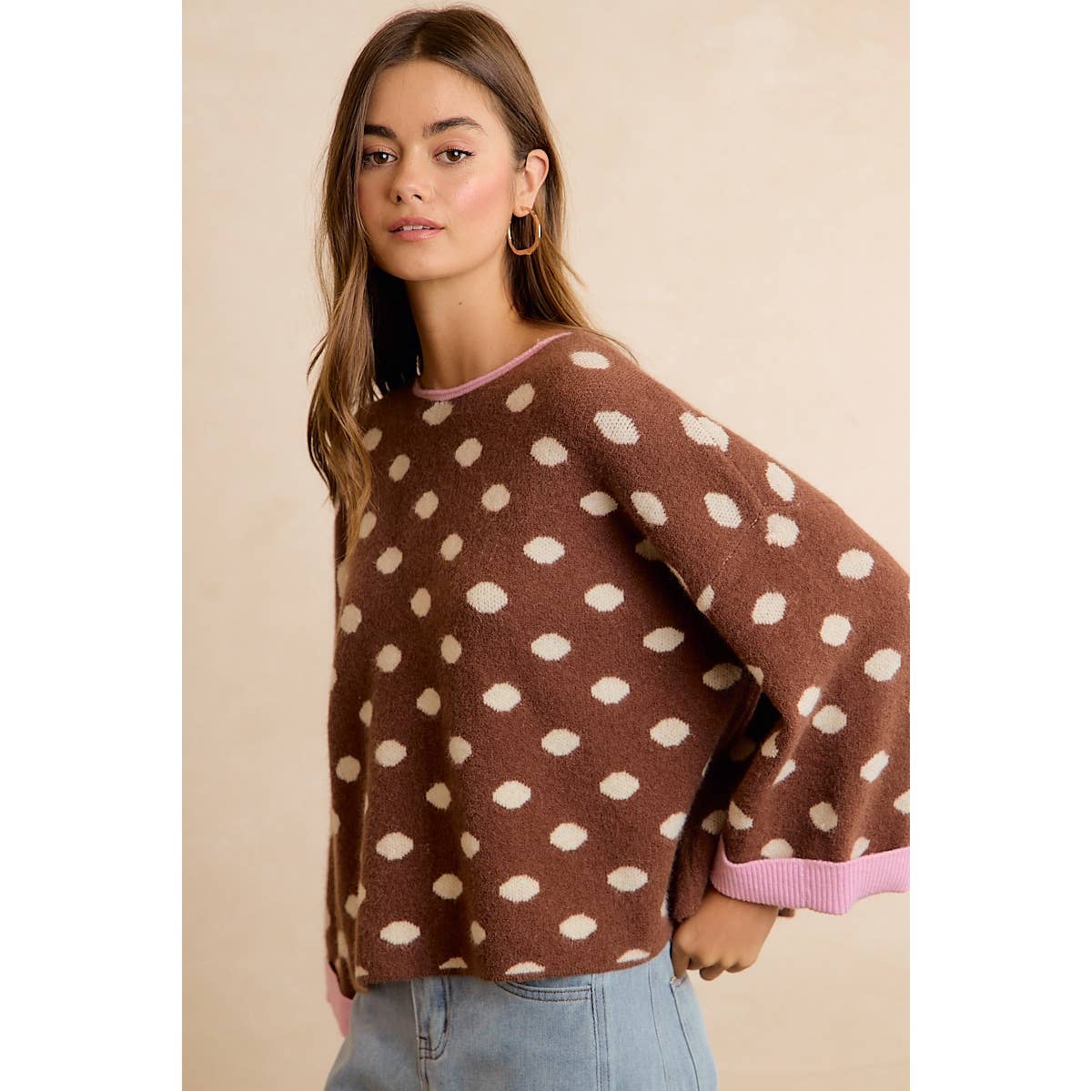 CONTRAST NECK AND ROLL UP DETAIL POLKA DOT SWEATER