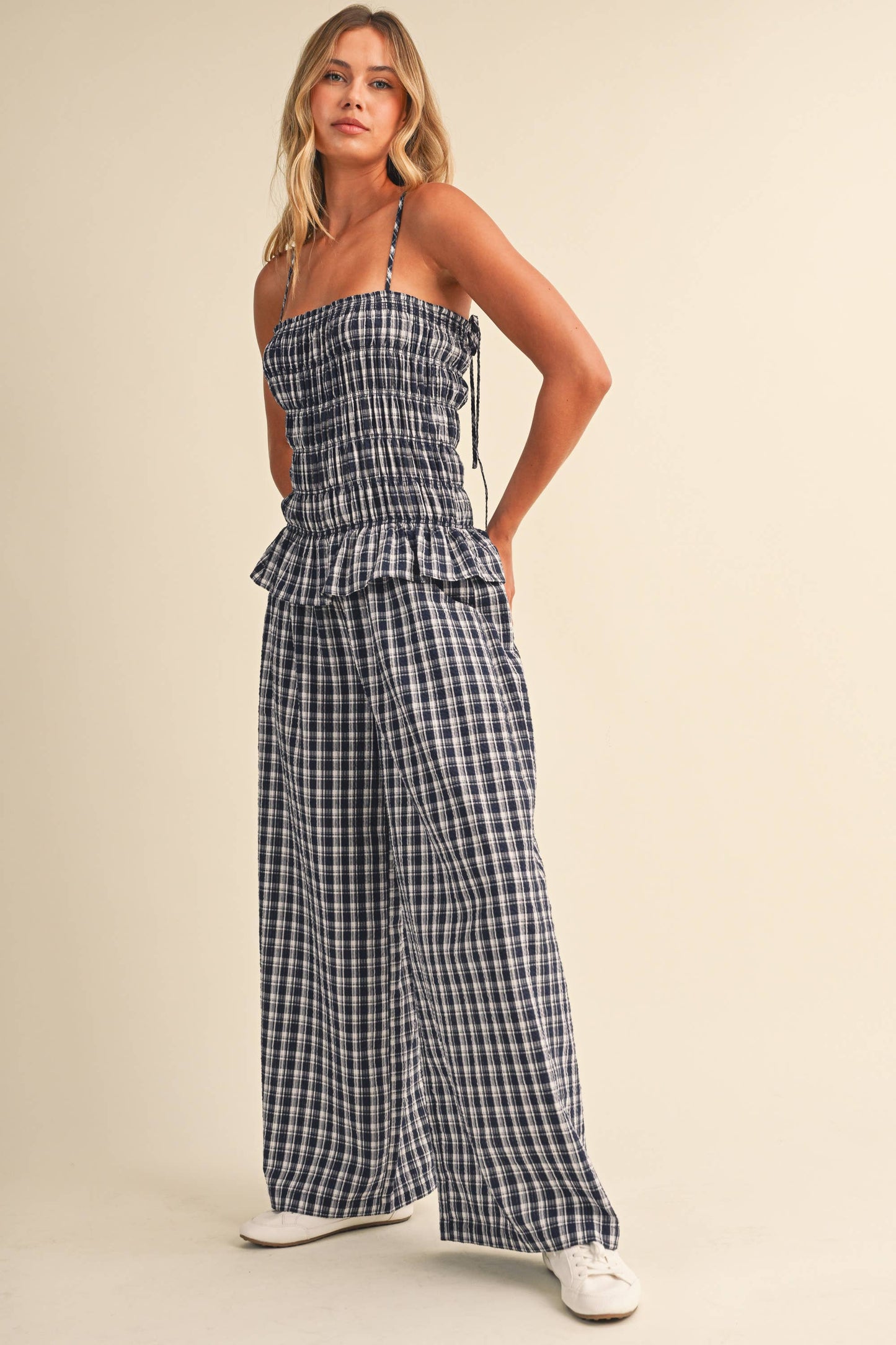 IJP3426-A  RUFFLED HEM SMOCKED TOP PLAID WIDE LEG JUMPSUIT