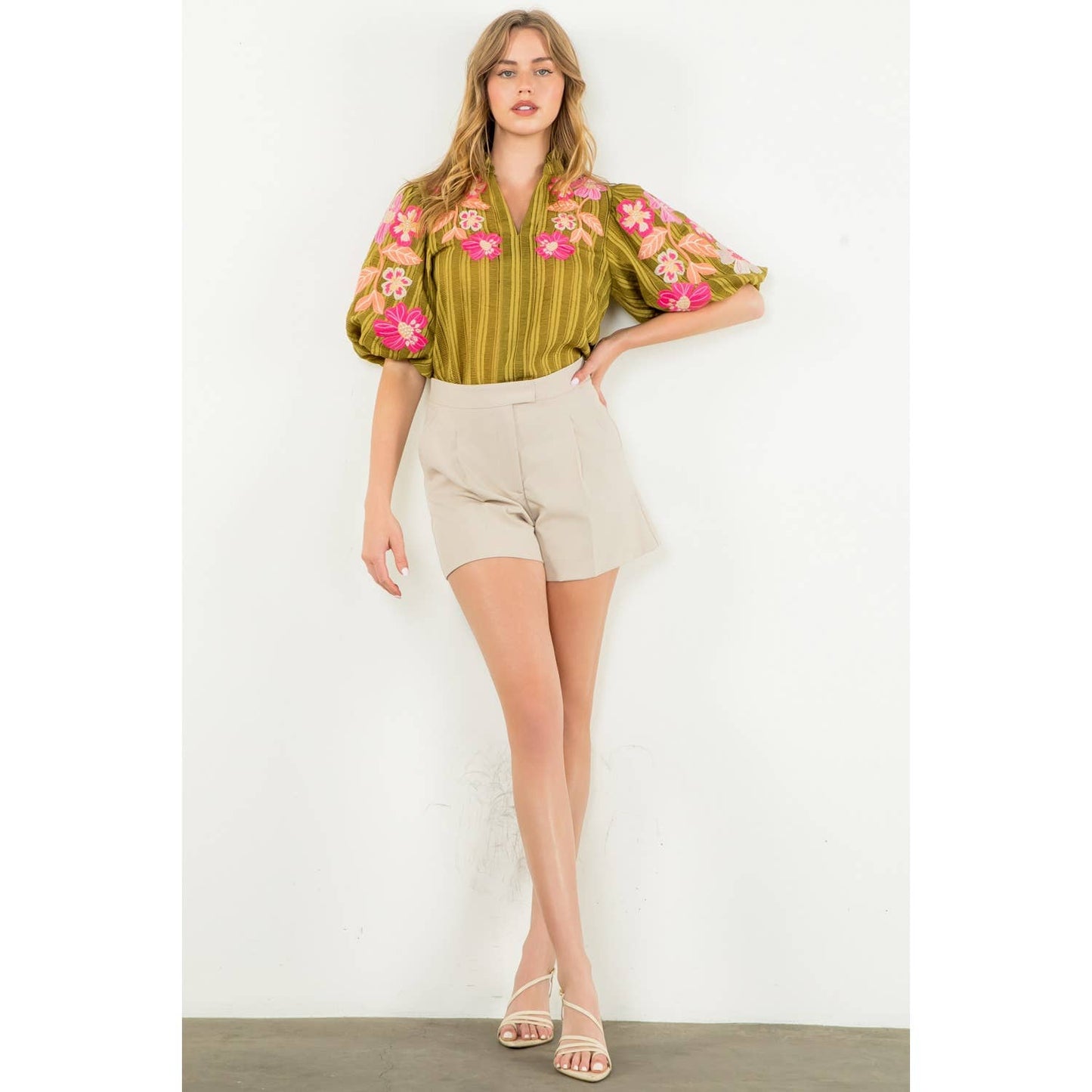 Embroidered Puff Sleeve Textured Top