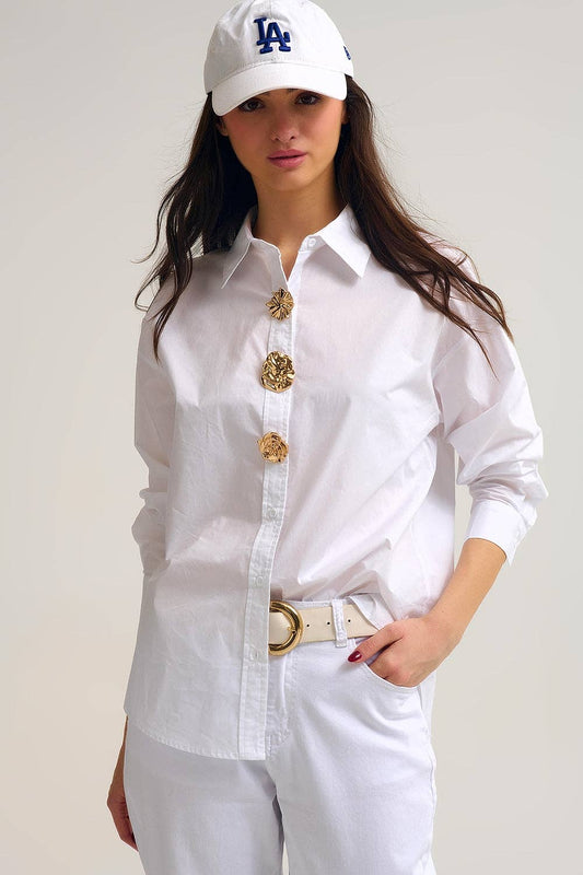White relaxed poplin Cotton Shirt with Decorative Gold Buttons