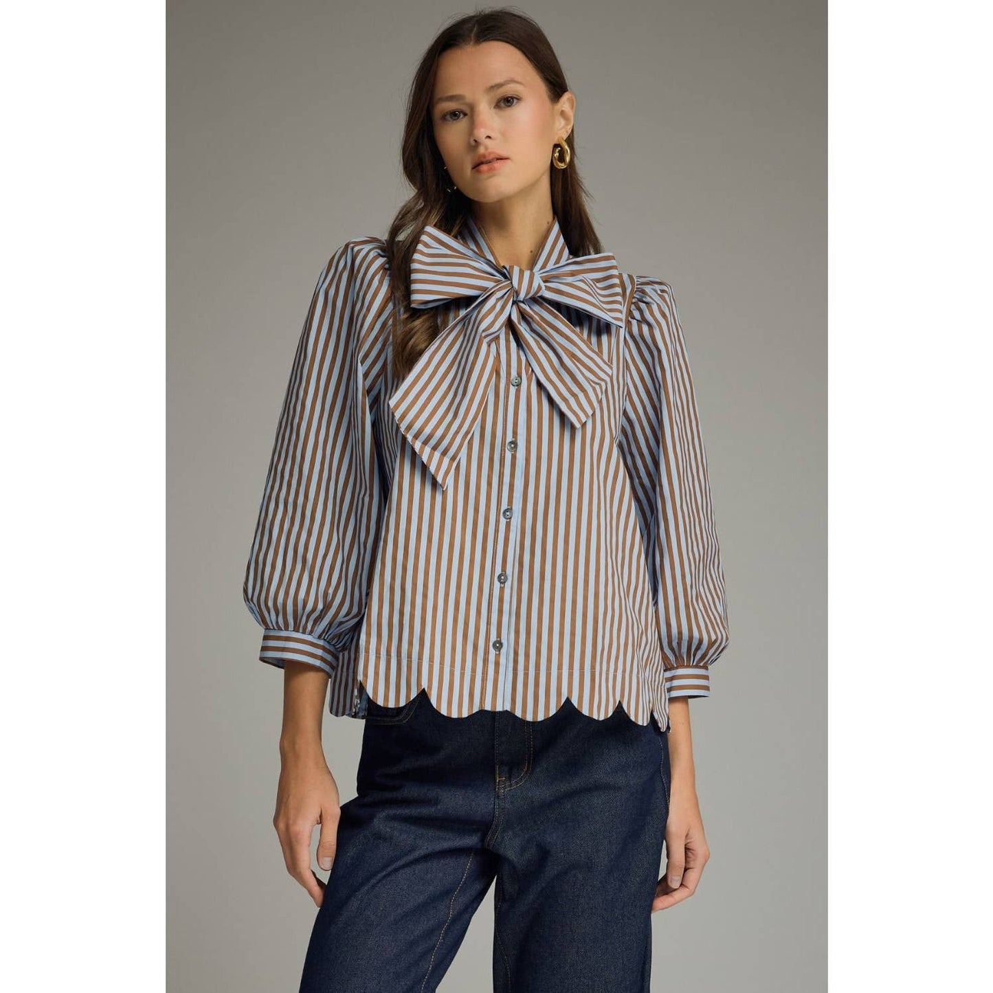 NEW Stripe self-tie neck 3/4 puff sleeve top